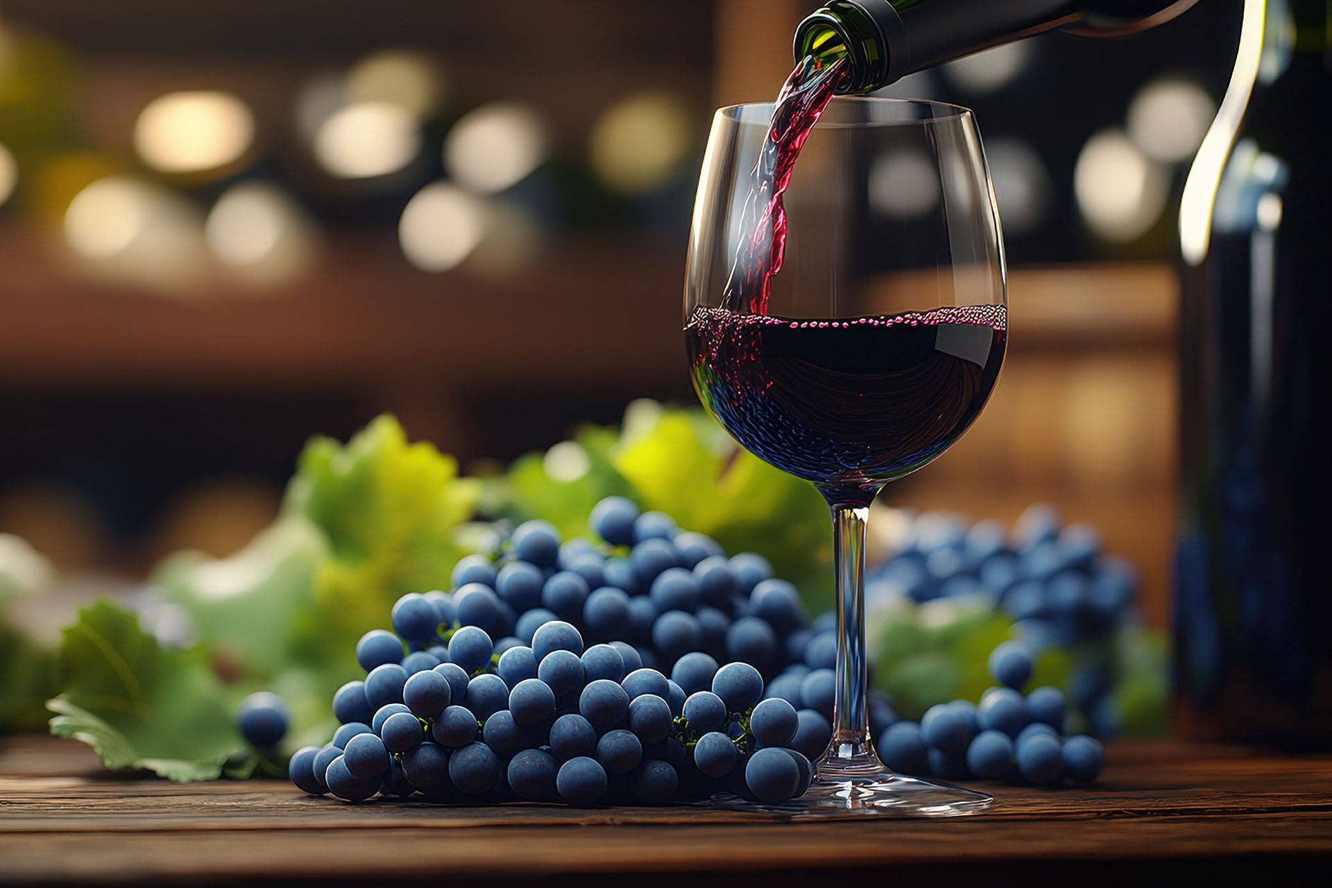 Ein Glas Valpolicella neben einer Weinflasche und Weintrauben auf einem Tisch.