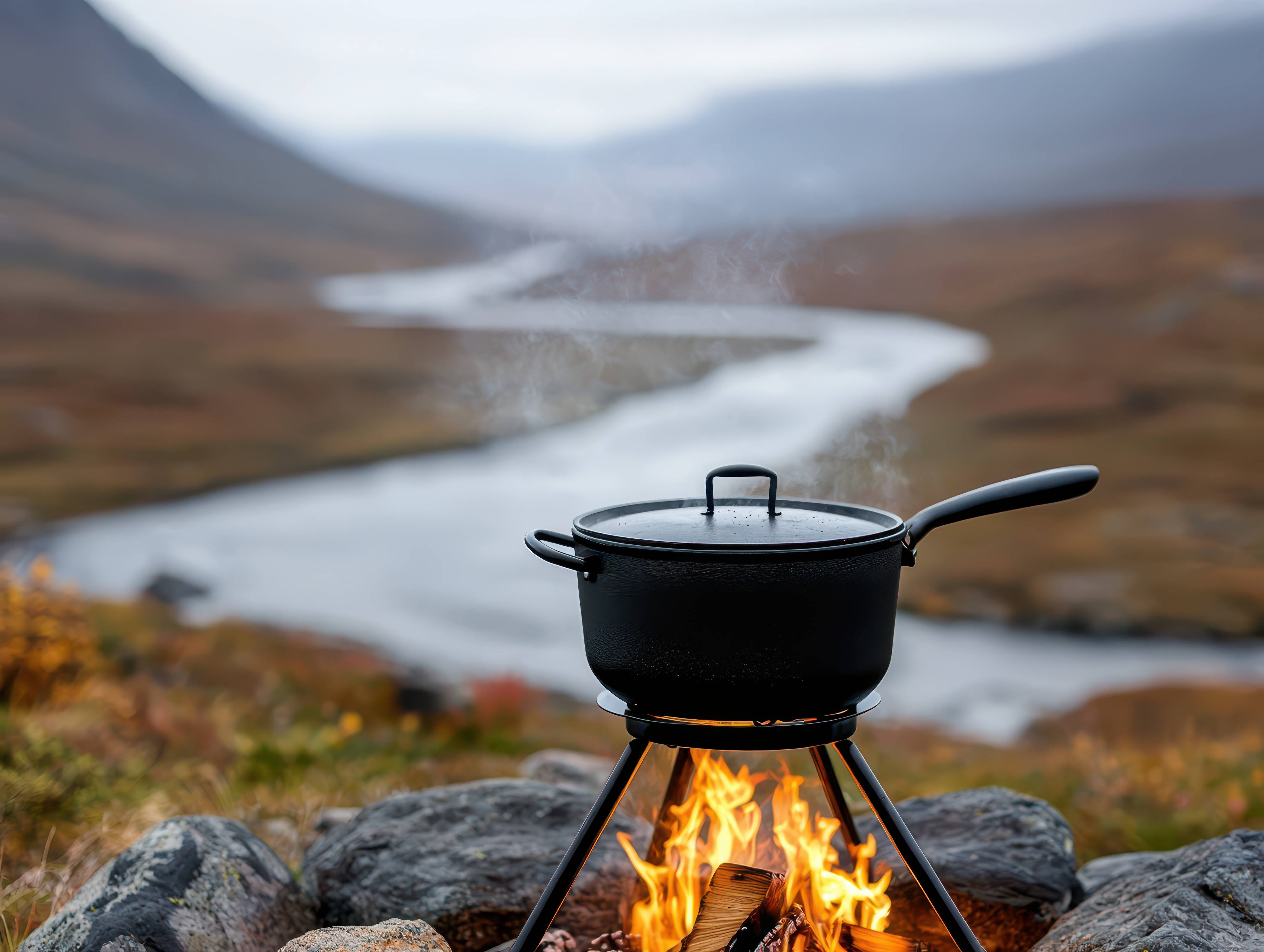Outdoor Dutch Oven beim Camping in einer Landschaft.
