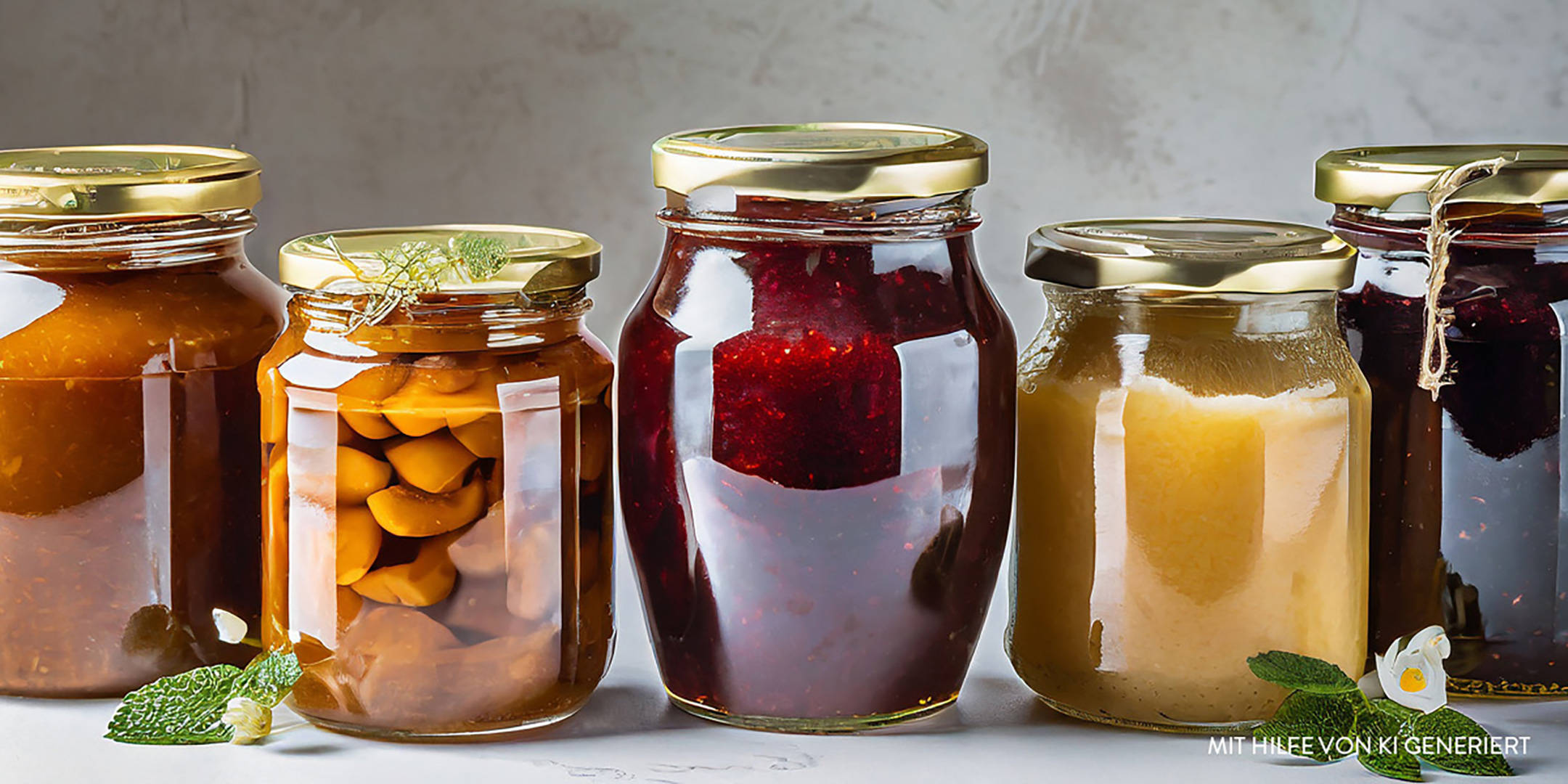 Eine Reihe von Einmachgläsern mit verschiedenen Konfitüren.