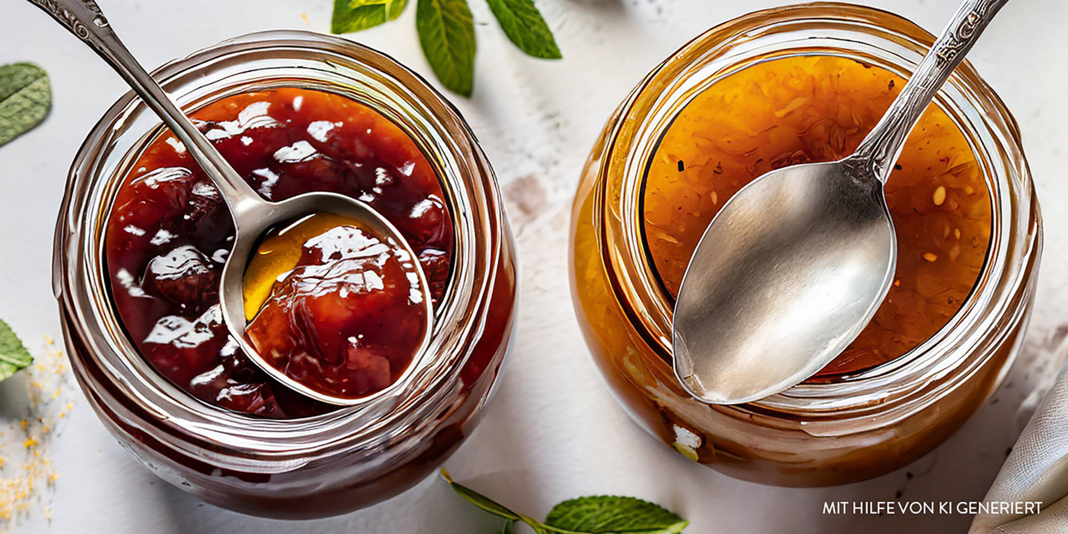Zwei Gläser Marmelade mit Löffeln.