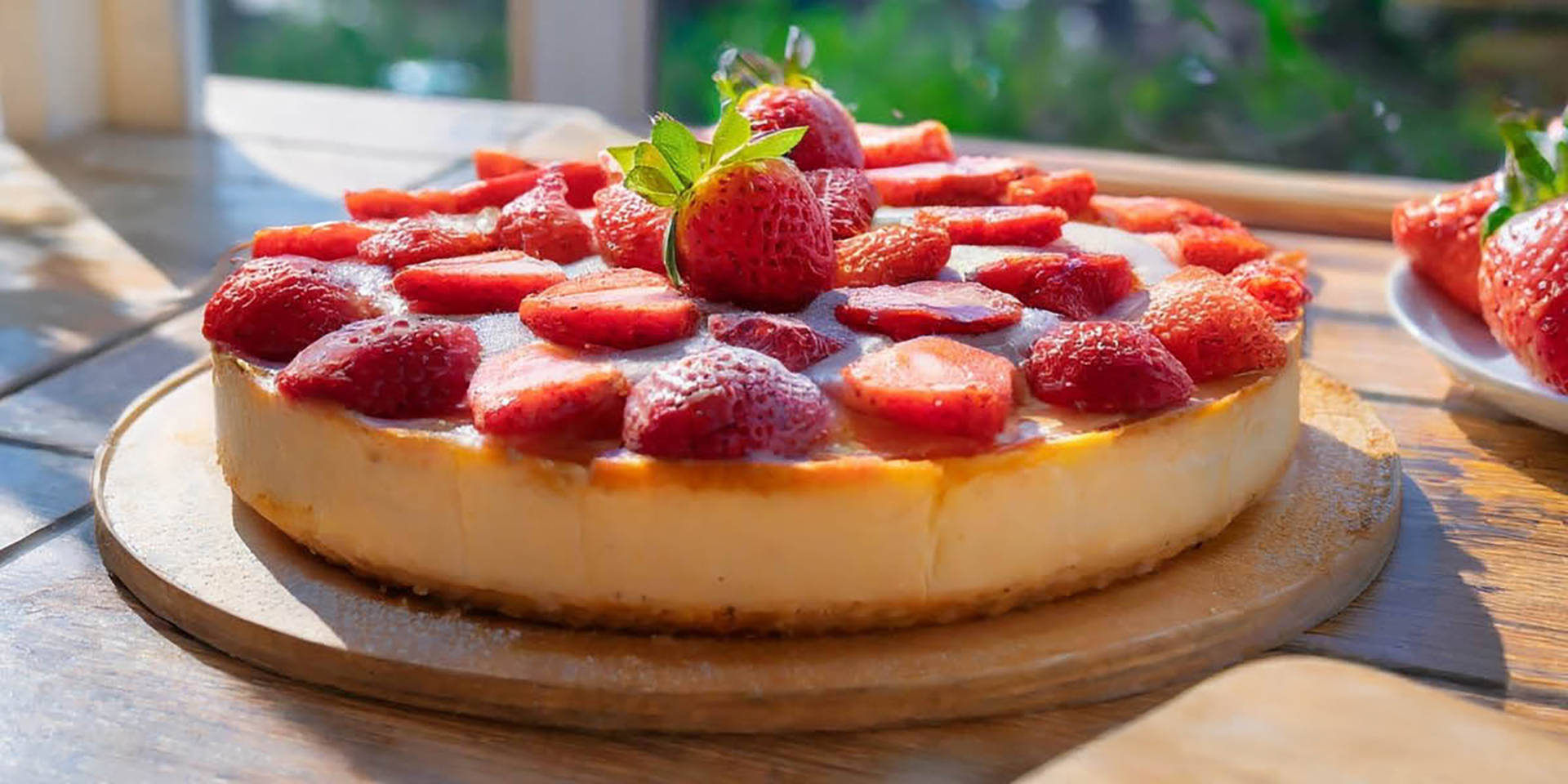 Runder Kuchen mit frischen Erdbeeren auf Holzbrett.