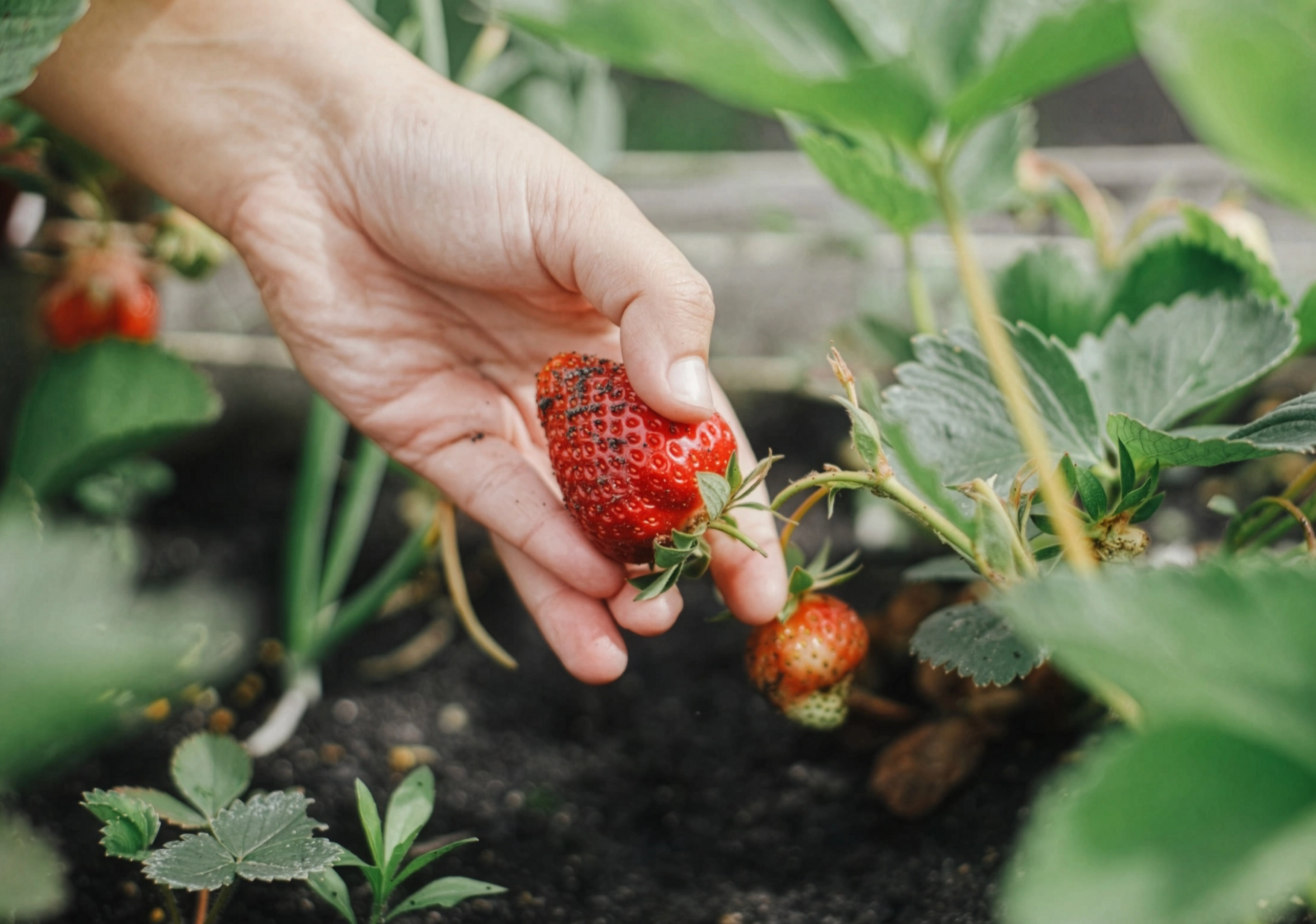Hand pflückt reife Erdbeere von Pflanze im Gartenbeet mit dunkler Erde und grünen Blättern.