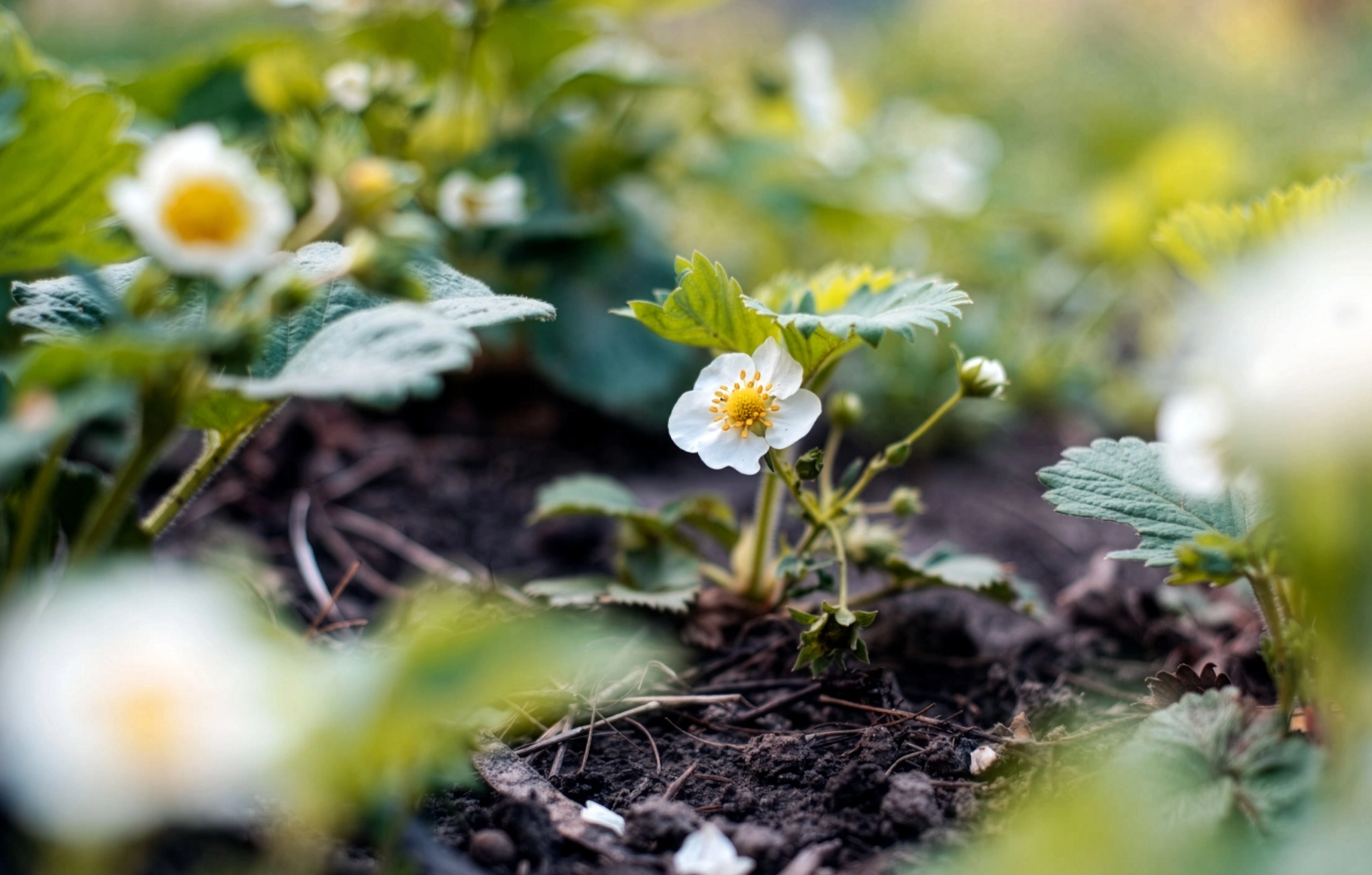 Weiße Erdbeerblüte mit gelbem Zentrum an grüner Pflanze auf dunkler Erde im Gartenbeet.