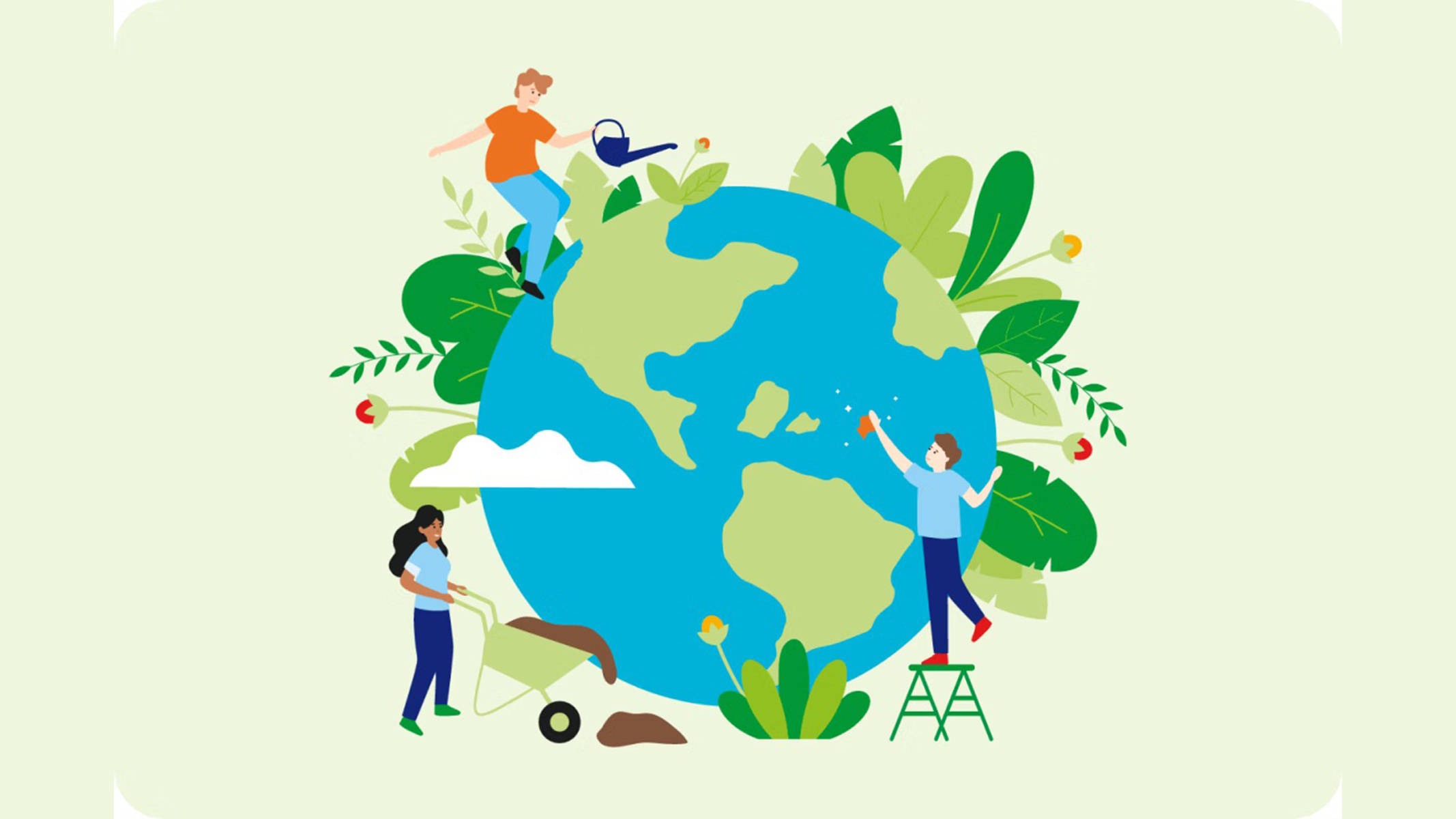 Illustration einer Weltkugel, umgeben von Pflanzen und Menschen, die die Pflanzen und die Erde pflegen.