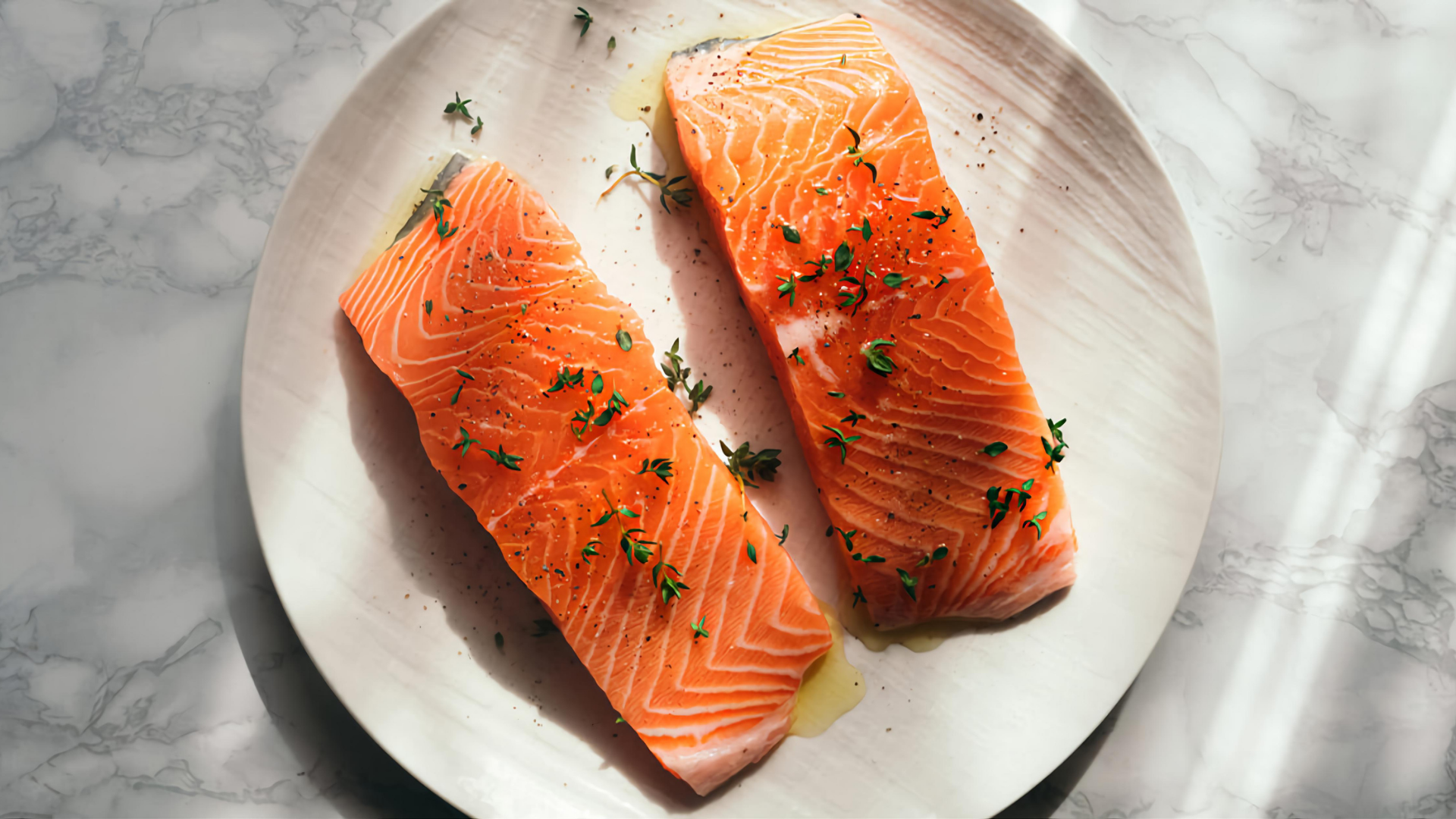 Zwei rohe Lachsfilets mit Kräutern auf Teller.