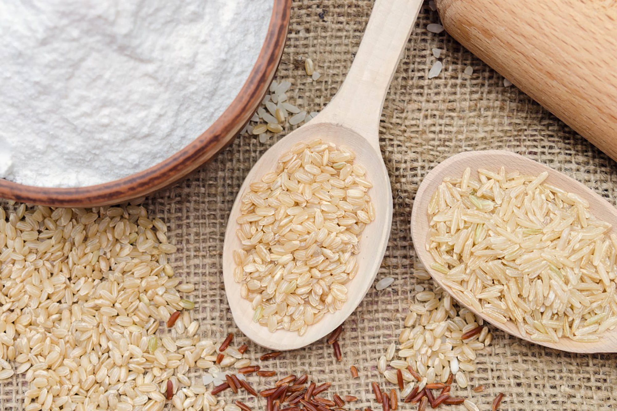 Zwei Kochlöffel mit Reiskörnern, daneben glutenfreies Reismehl in einer Schale.
