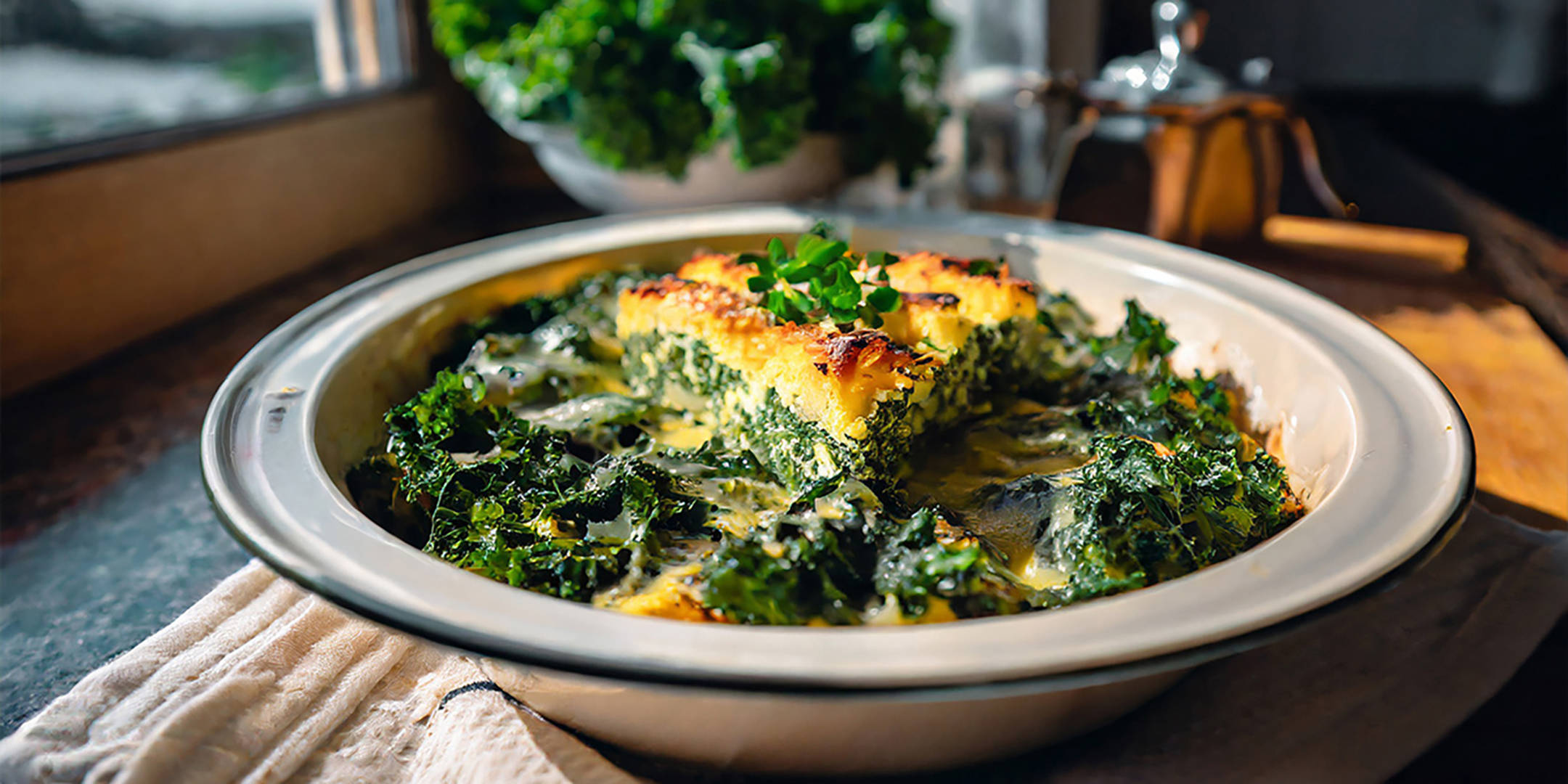 Herzhafter Grünkohl-Gratin mit cremigem Gemüse und frischen Kräutern.