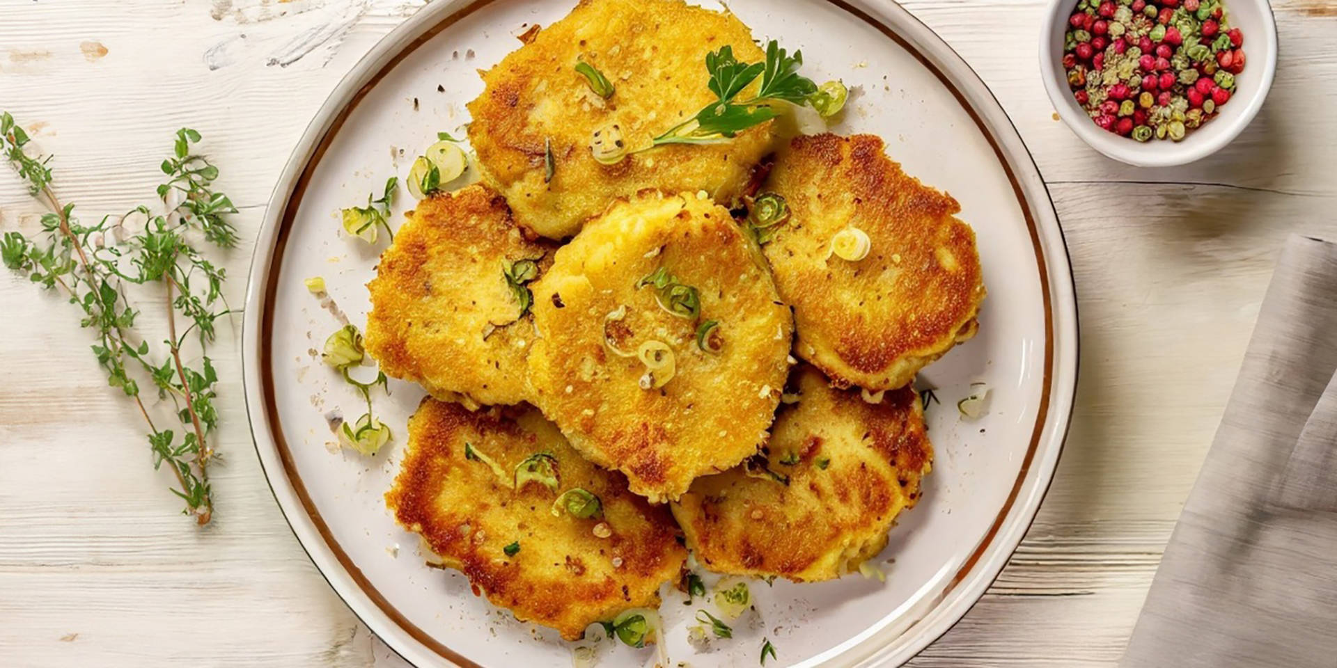 Goldbraune Kohlrabipuffer mit Kräutern auf weißem Teller.