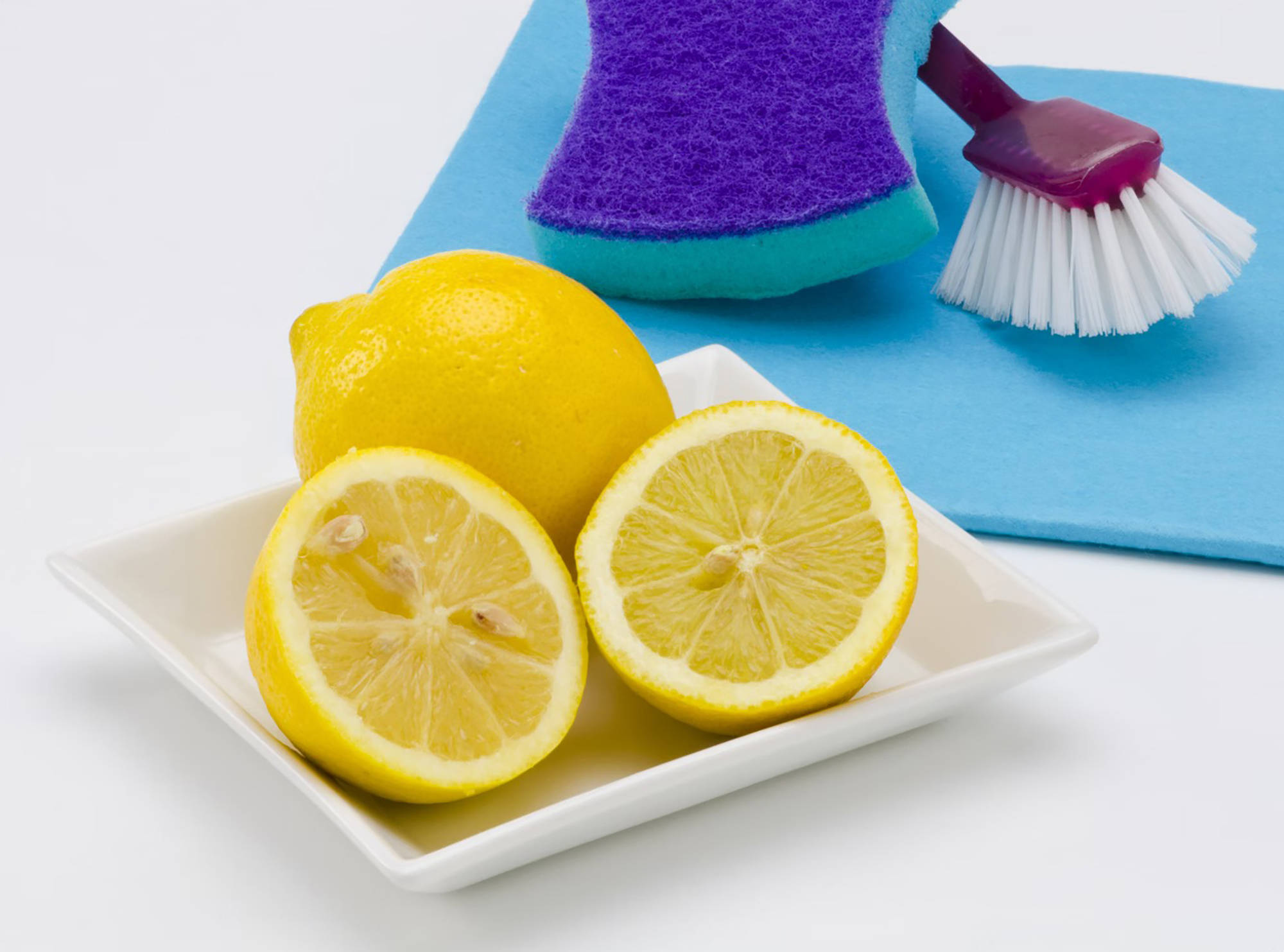 Zitronen auf weißem Teller, daneben blauer Schwamm, Reinigungsbürste und Tuch als natürliche Putzmittel.