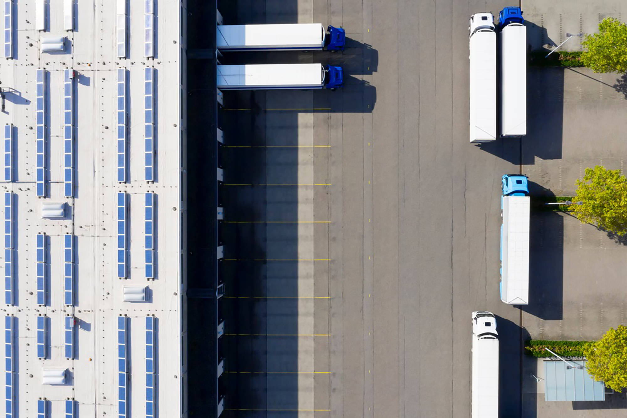 LKW stehen an den Ladezonen einer ALDI SÜD Logisitkzentrale.