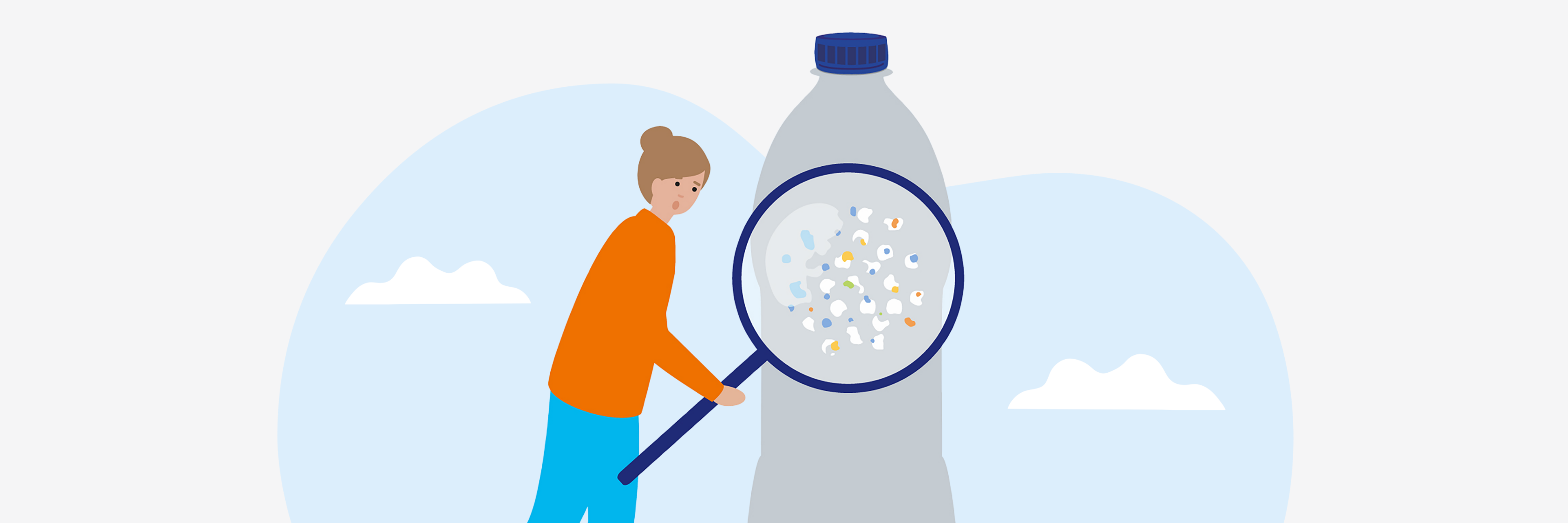 Grafik einer Person, die mit der Lupe eine Trinkflasche auf Mikroplastik untersucht.