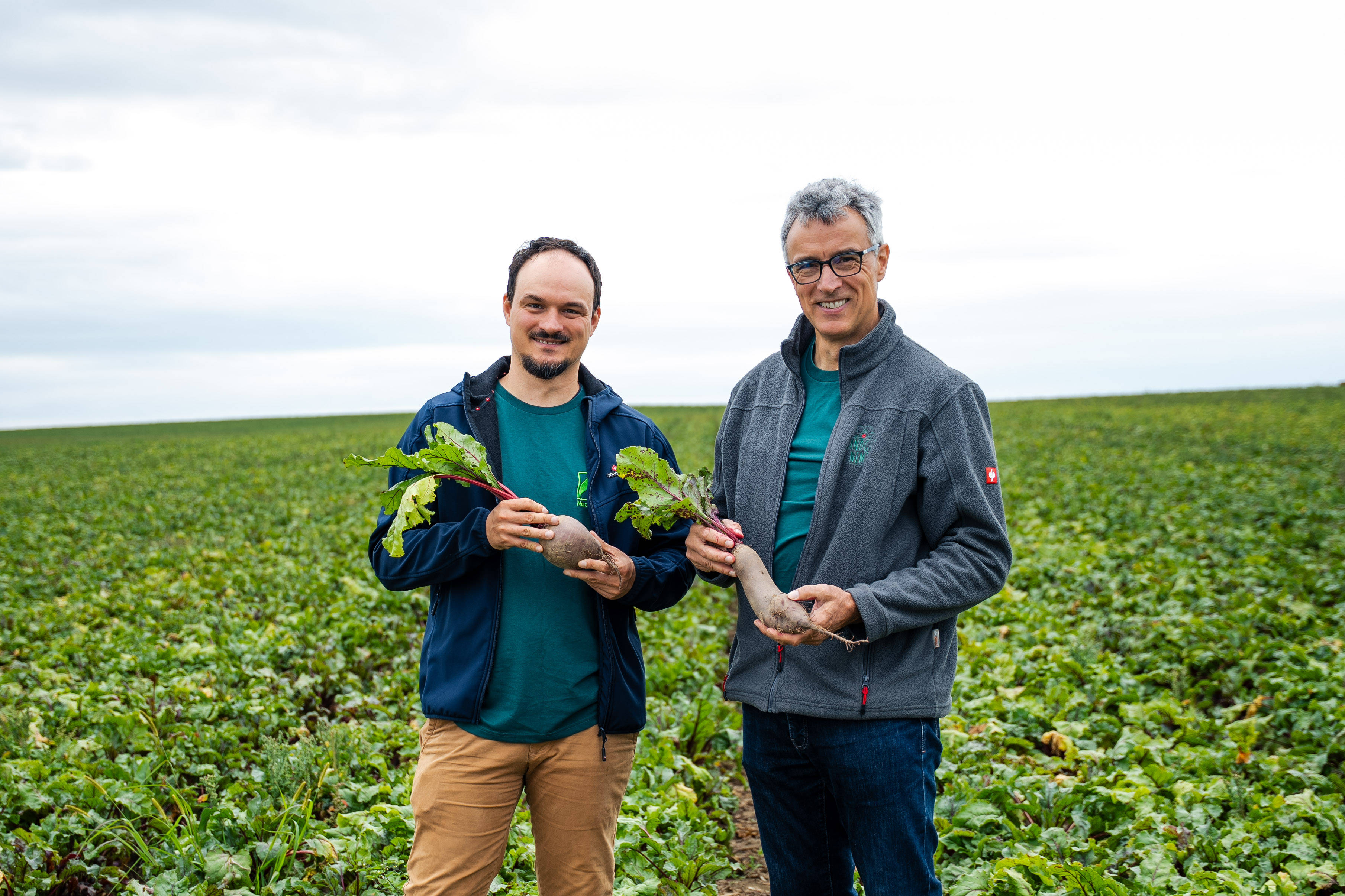 Zwei Herren stehen mit Gemüse auf einem Gemüsefeld.