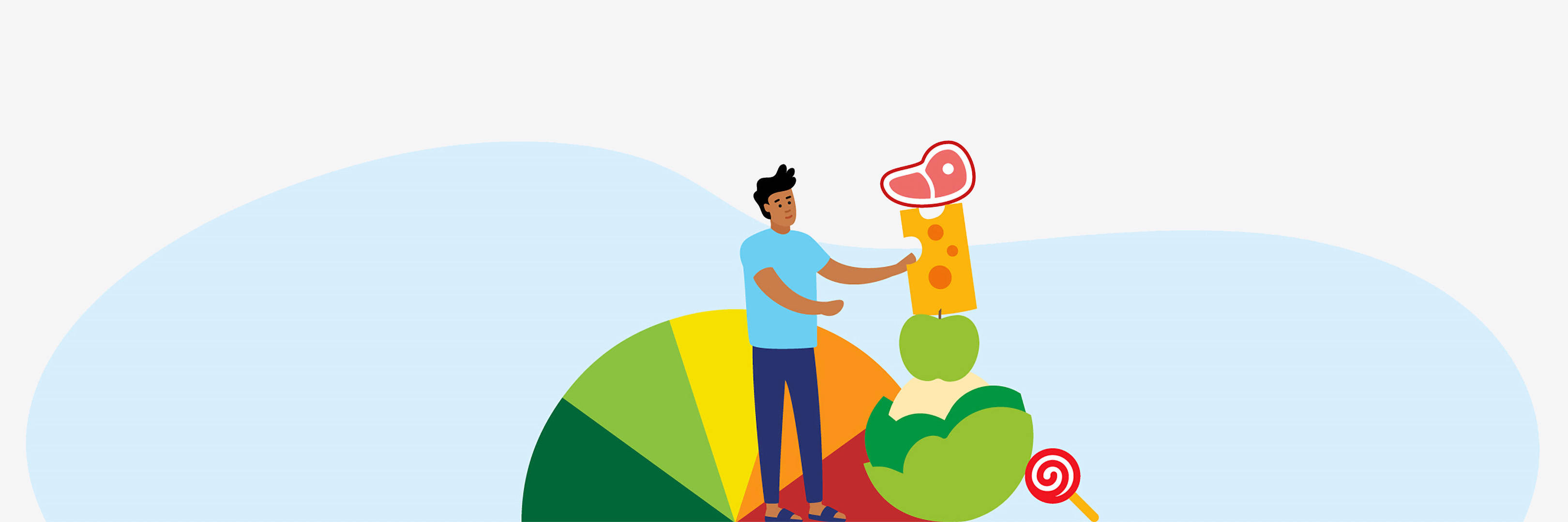 Eine Grafik von einem Mann mit verschiedenen Lebensmitteln vor der Nutri-Score Scala.