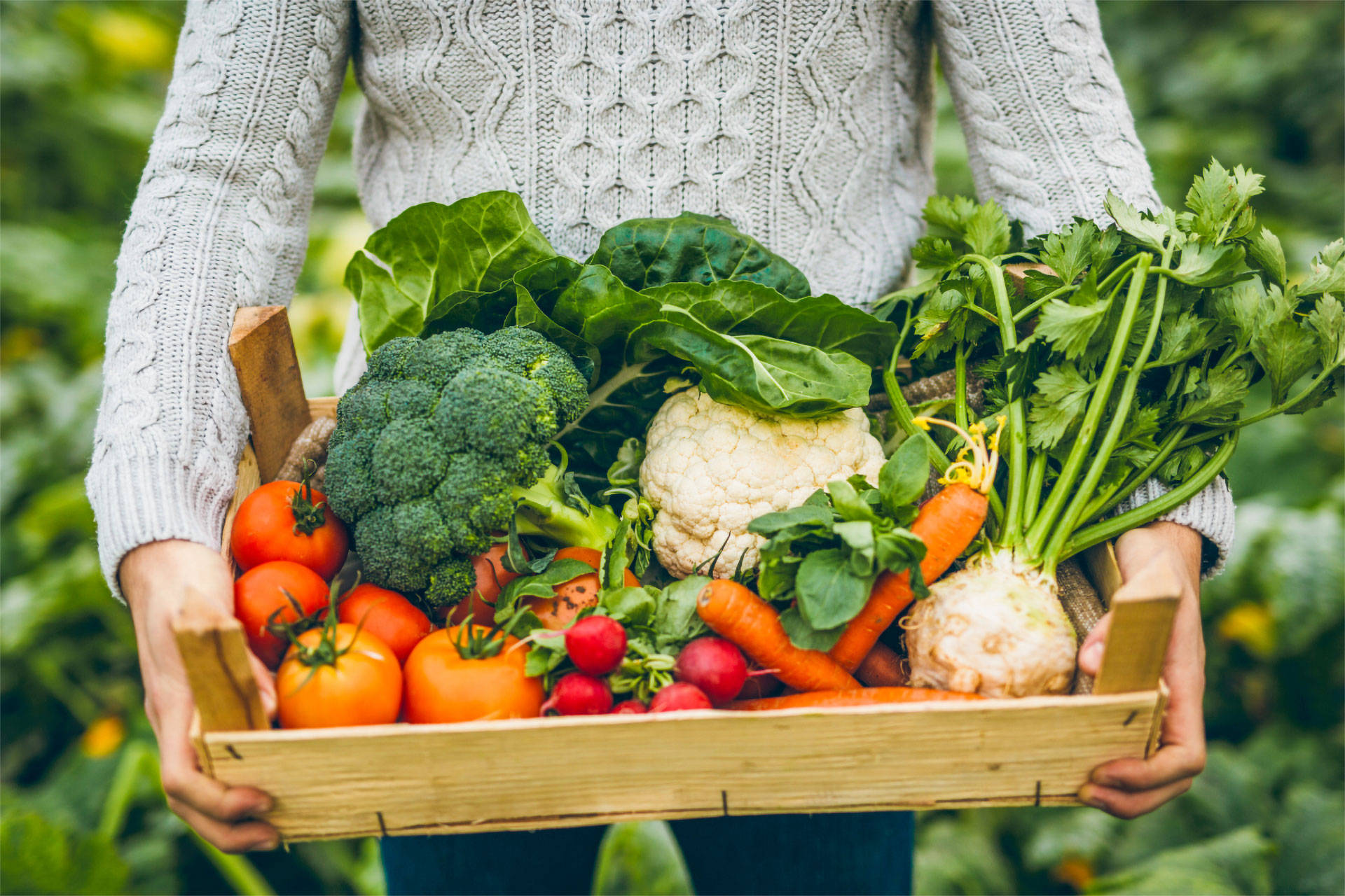 Eine Frau hält eine Kiste mit verschiedenem Gemüse.