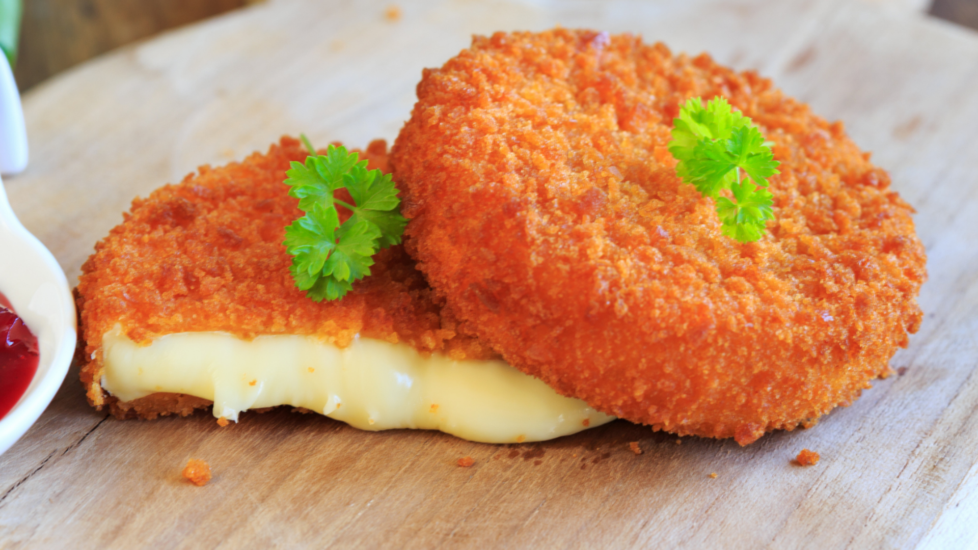 Panierter, gebackener Käse mit Petersilie auf Holzbrett.