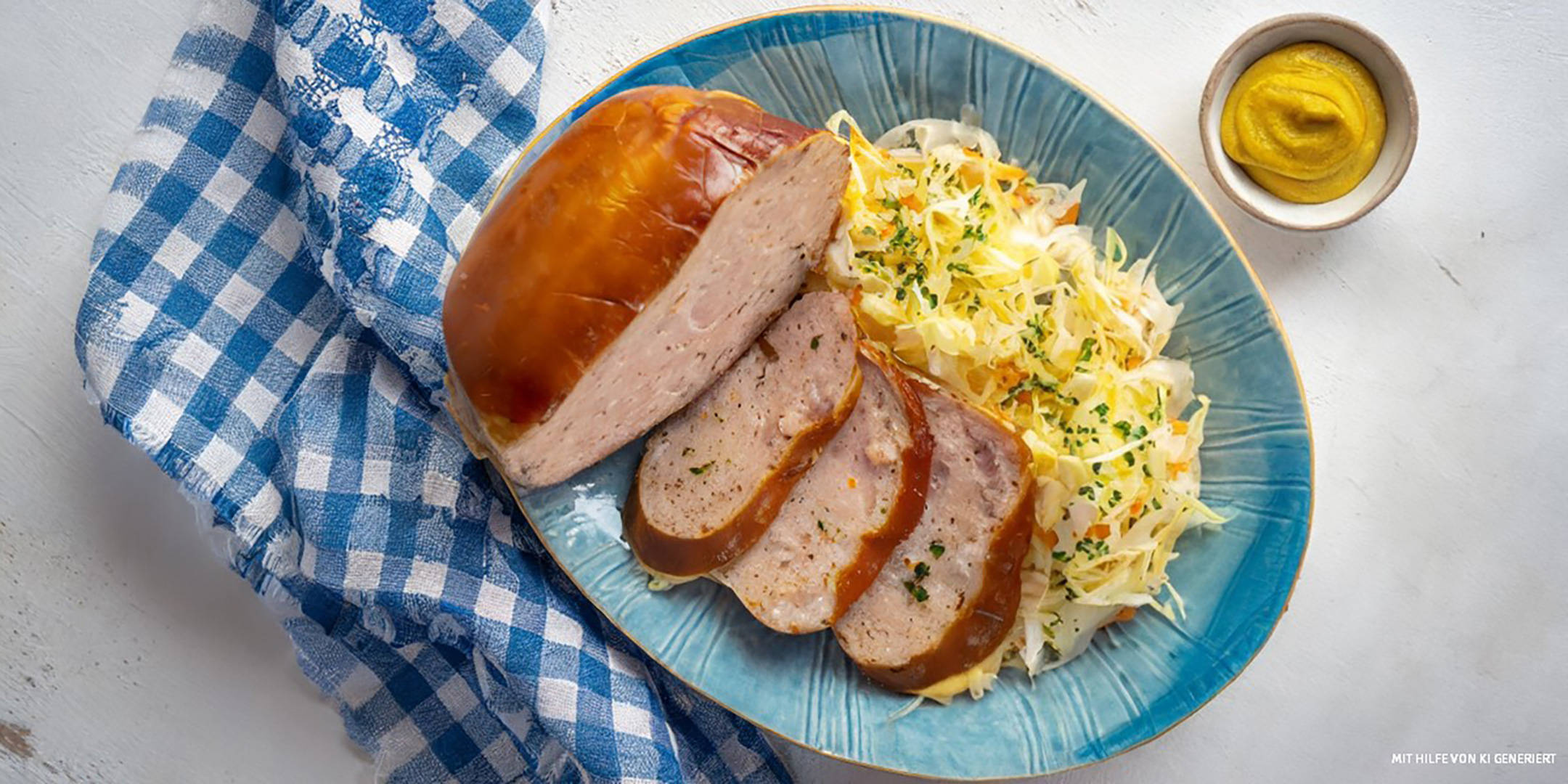 Bayerischer Leberkäse mit Krautsalat und Senf.
