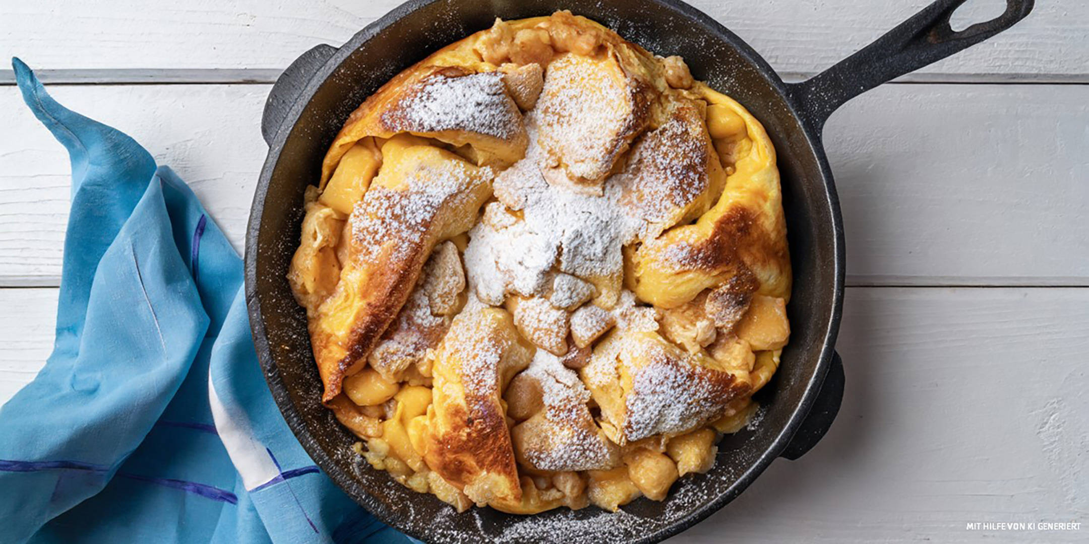 Kaiserschmarrn in Gusseisenpfanne, mit Puderzucker bestreut.