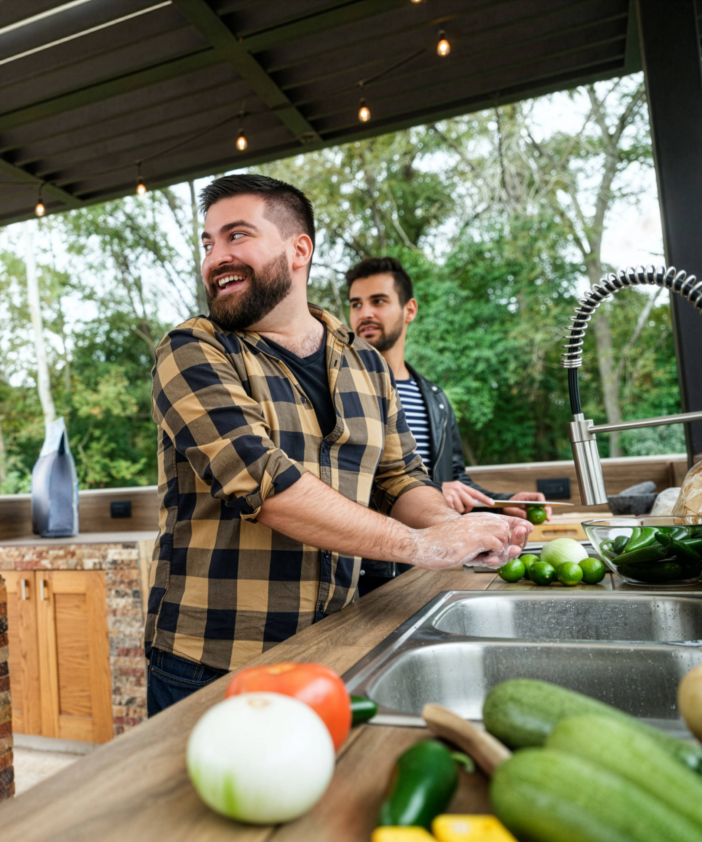 Zwei Männer bereiten in der Outdoorküche Essen zu.