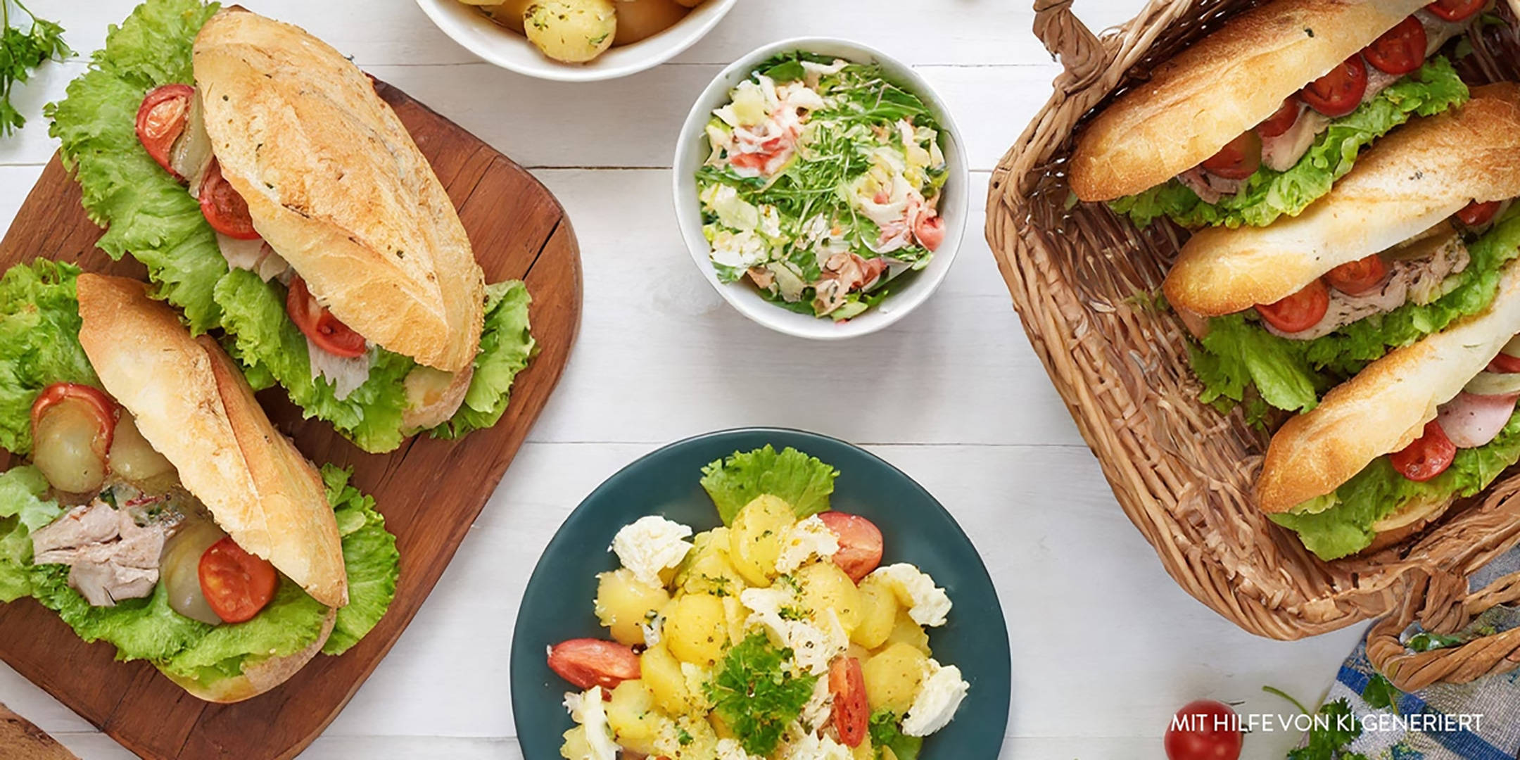 Picknick mit belegten Broten, Salaten und Kartoffeln.