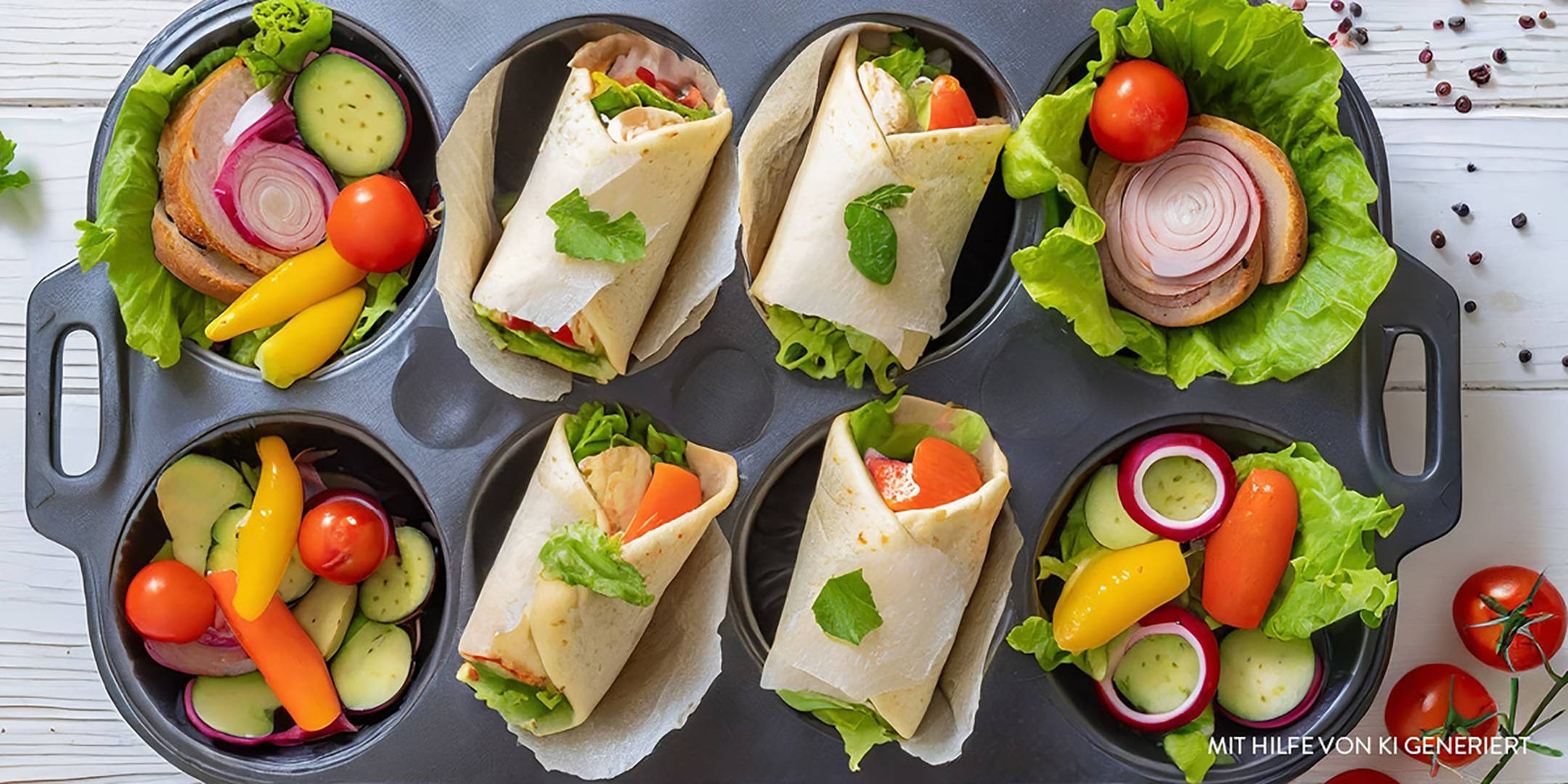 Gefüllte Wraps und Gemüse in einer Backform.