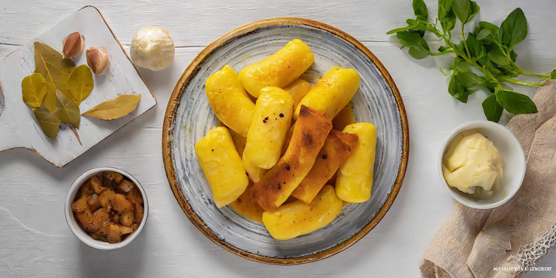 Teller mit Kartoffelnocken, Butter, Zwiebeln und Kräutern.