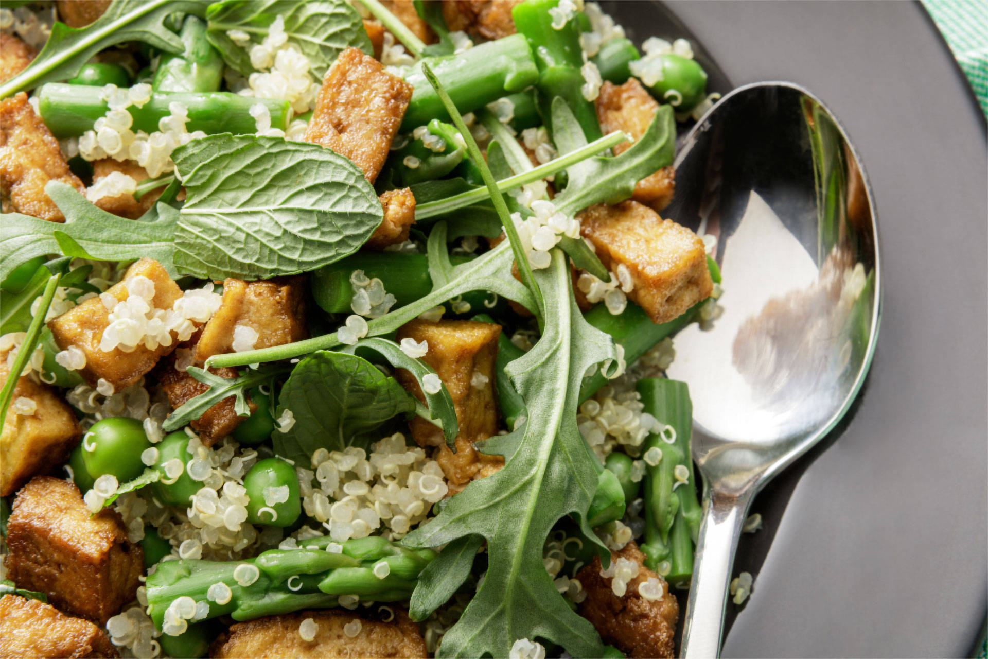 Quinoasalat mit gebratenem Tofu, grünen Bohnen, Rucola und Minze, angerichtet auf einem Teller mit einem Löffel.