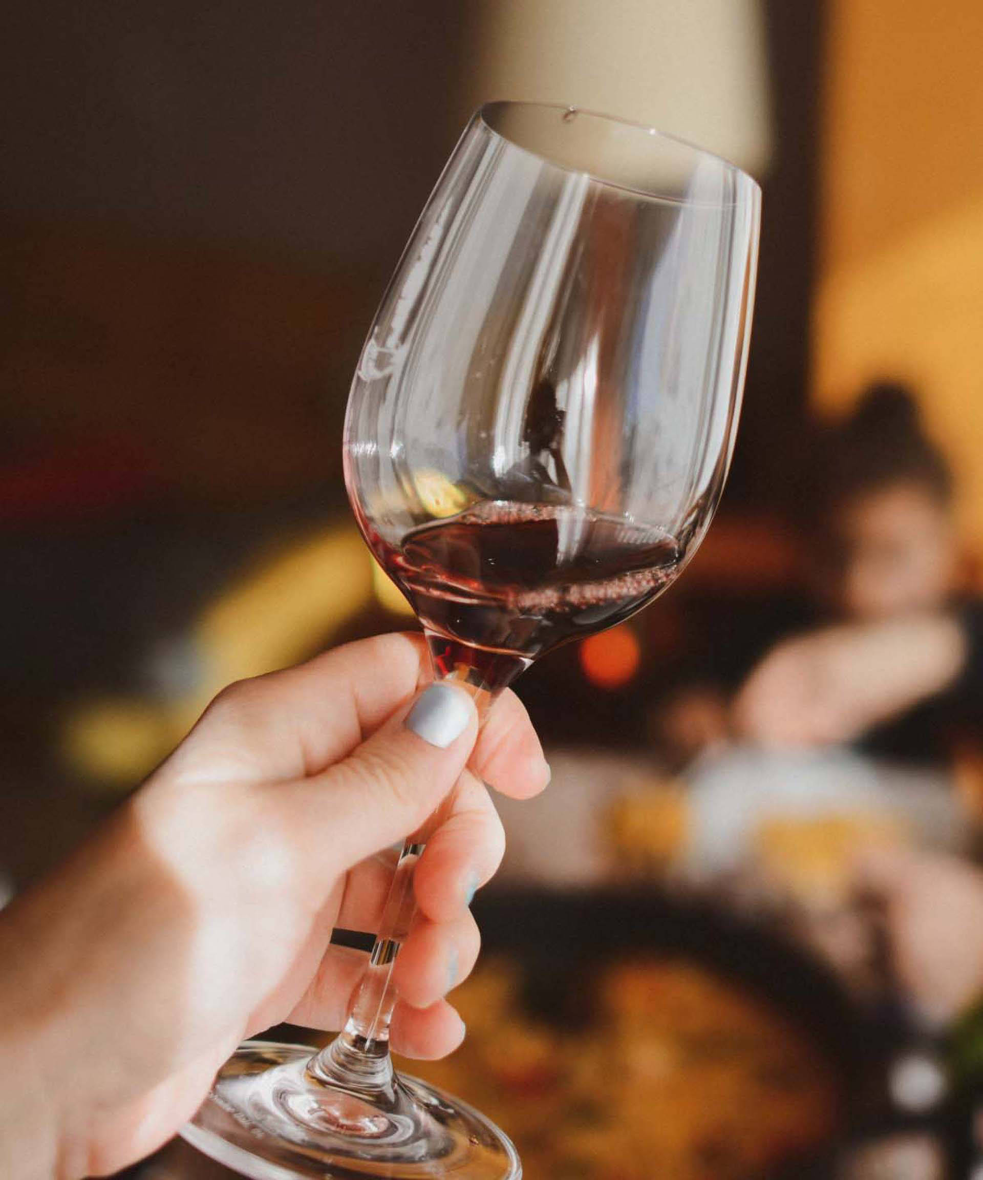 Person hält ein Weinglas mit Rotwein in der Hand.