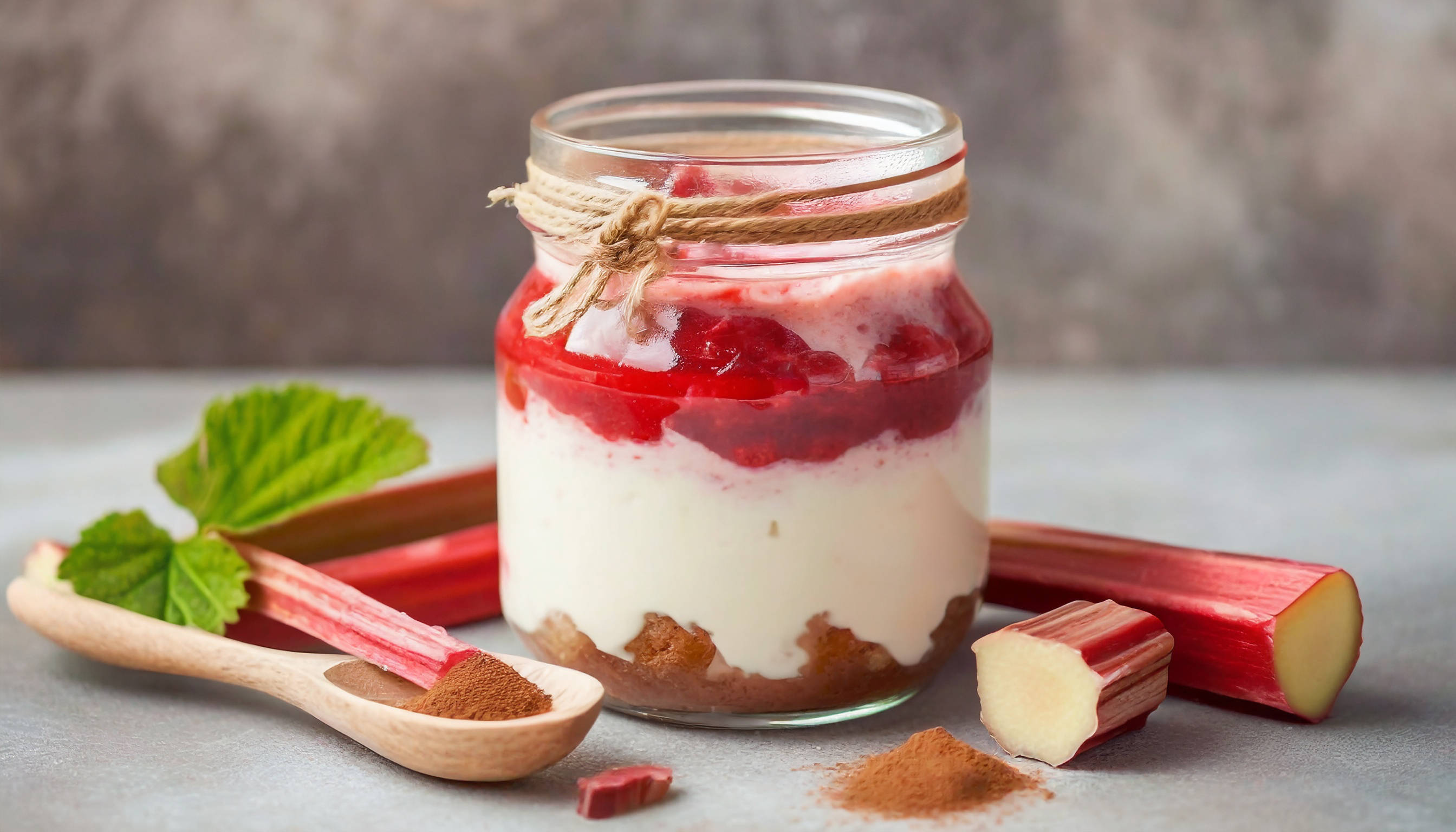 Rhabarber-Dessert im Glas mit Zimt und Rhabarberstangen.