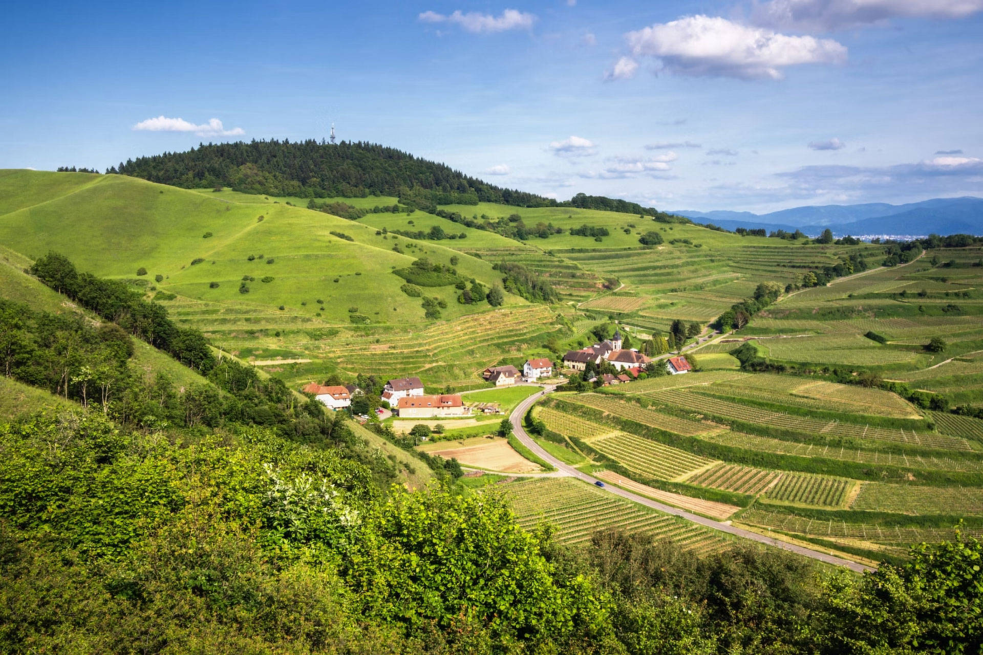 Idyllische Berglandschaft mit Weinreben und einem kleinen Dorf im Herzen Badens.