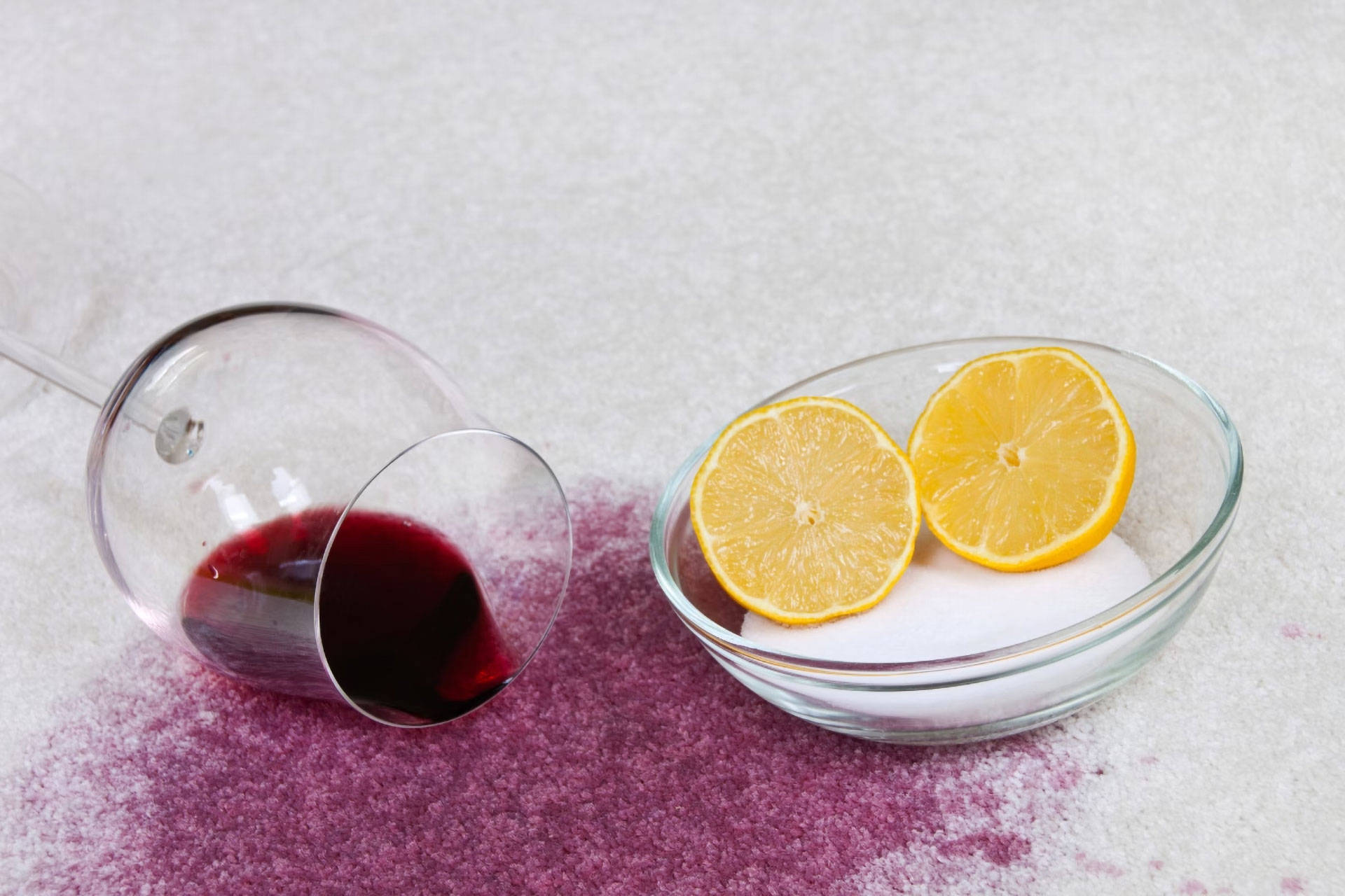 Ein Rotweinfleck breitet sich auf dem hellen Teppich aus. Daneben steht eine Schüssel mit Salz und Zitronensaft
