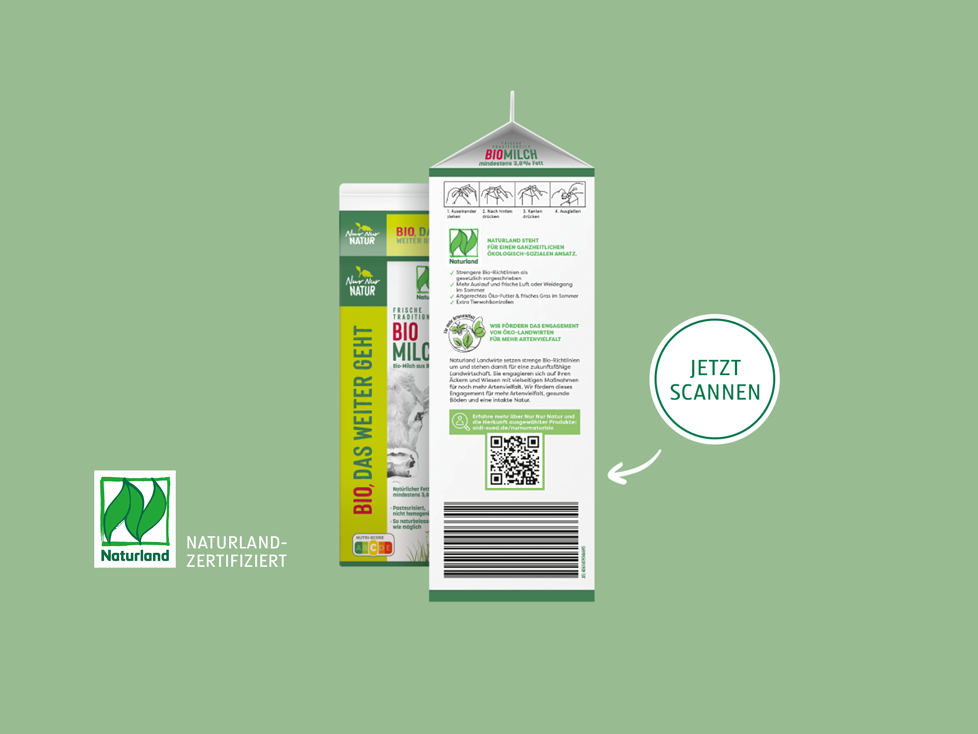 Bio-Milch-Verpackung von Nur Nur Natur mit Naturland-Zertifizierung. QR-Code ermöglicht Rückverfolgung der Produkt-Herku