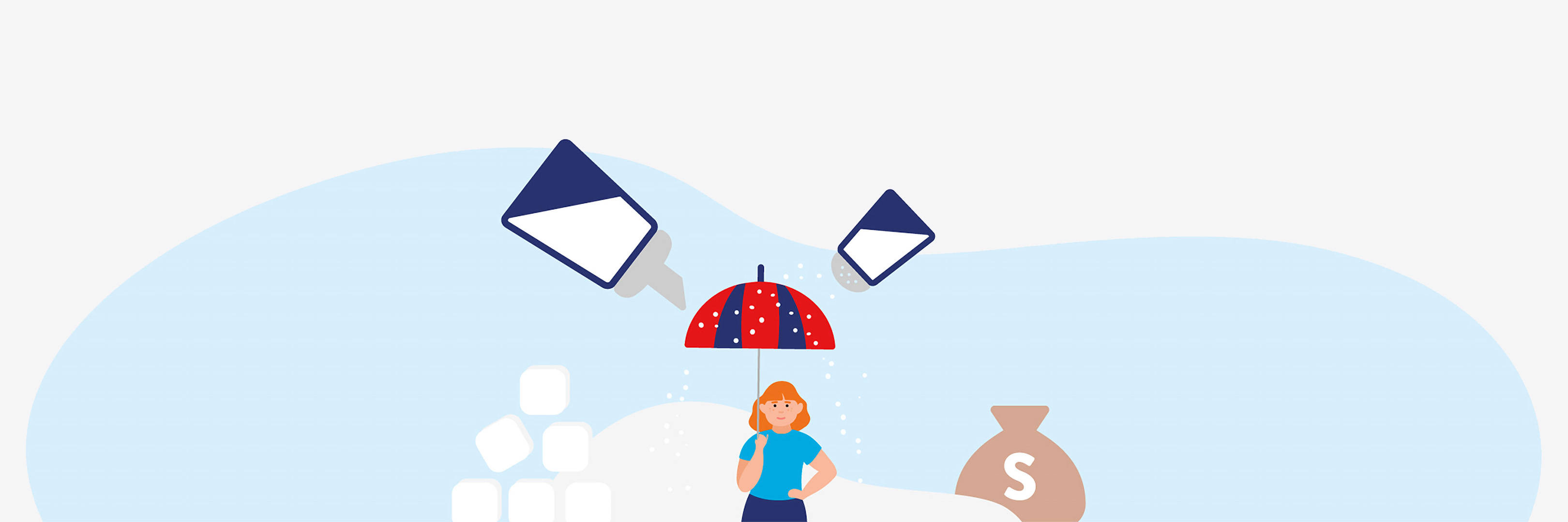 Grafik einer Frau mit Regenschirm, die aus Salz- und Zuckerstreuern berieselt wird.