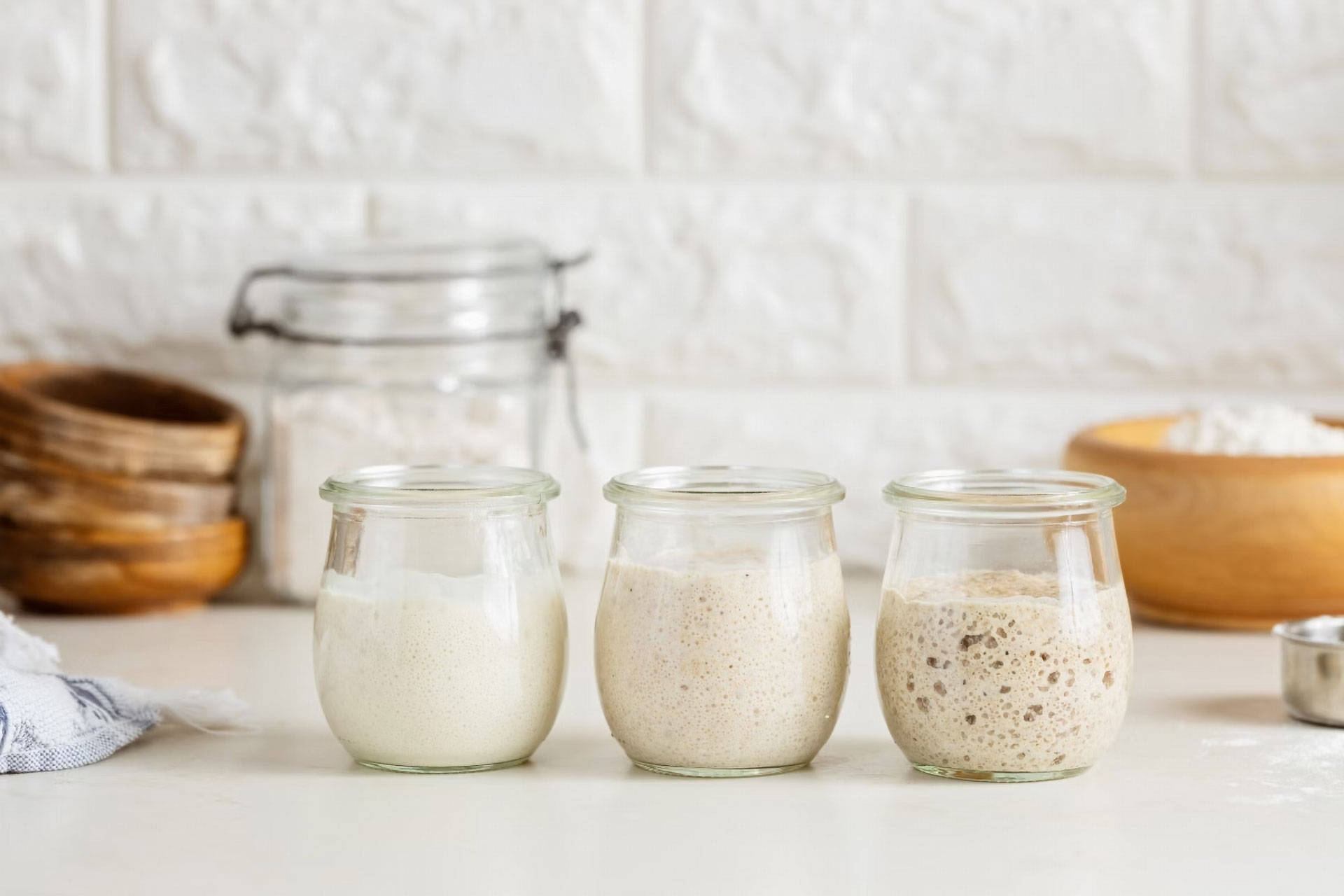 Drei Sauerteig-Starter in Gläsern, verschiedene Gärstadien.
