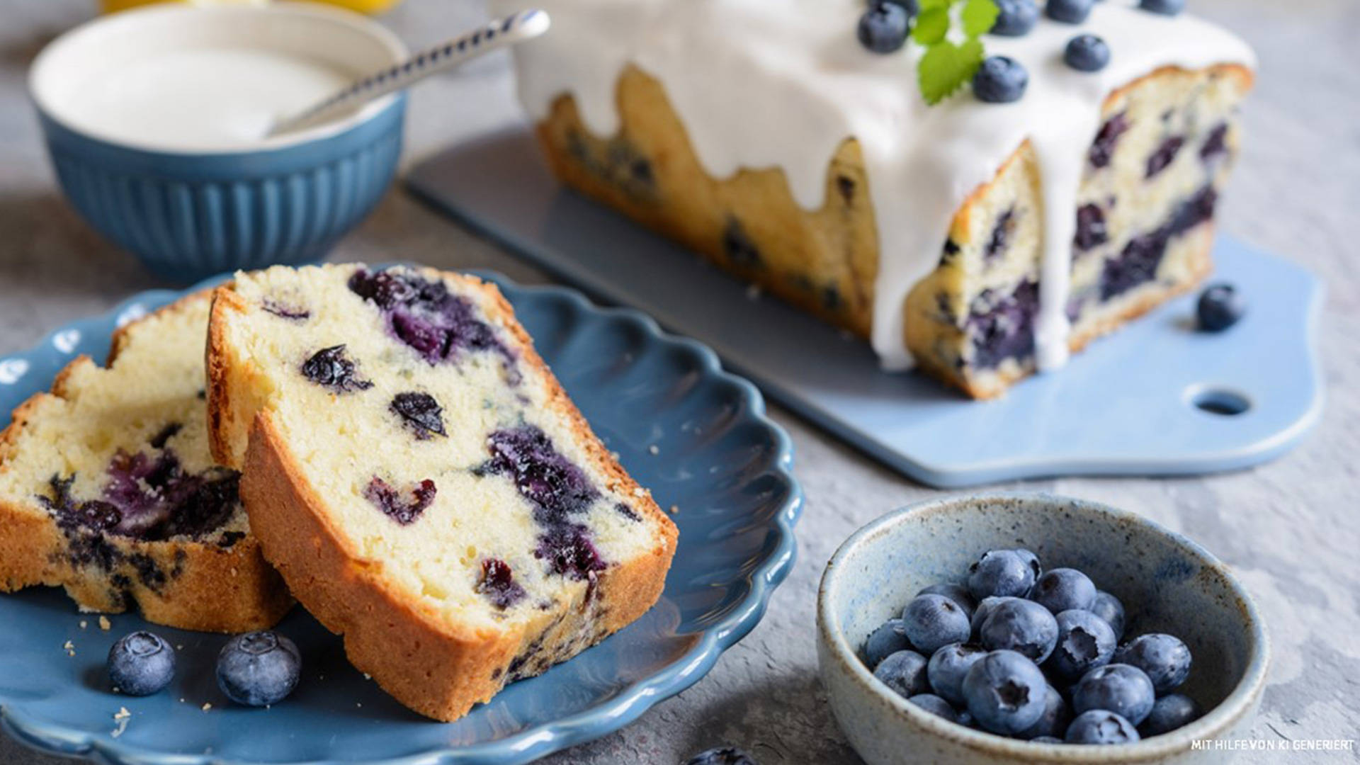 Blaubeerkuchen-Scheiben, ganzer Kuchen mit Glasur und frischen Beeren.