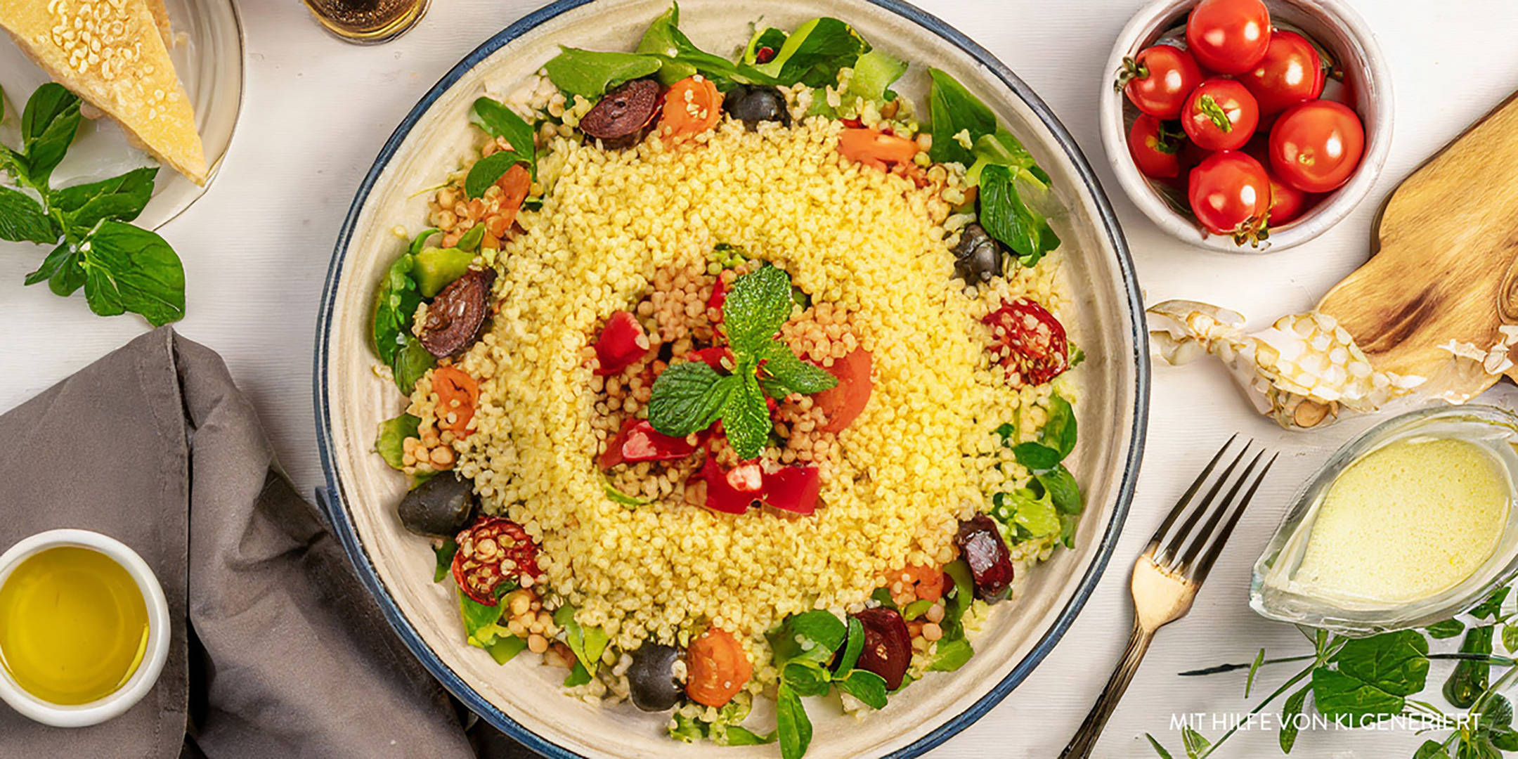 Großer Teller Couscous-Salat mit Gemüse und Minze.