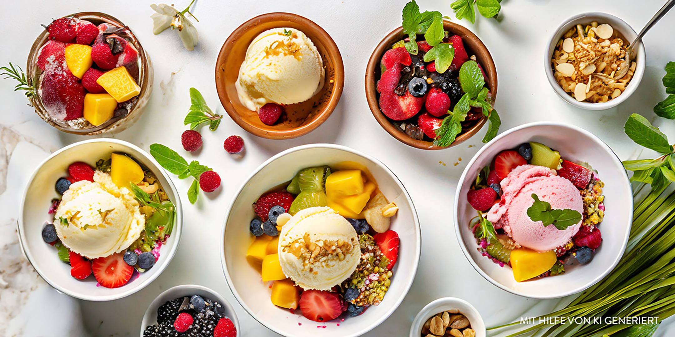 Bunte Eisschalen mit Früchten, Beeren und Nüssen.