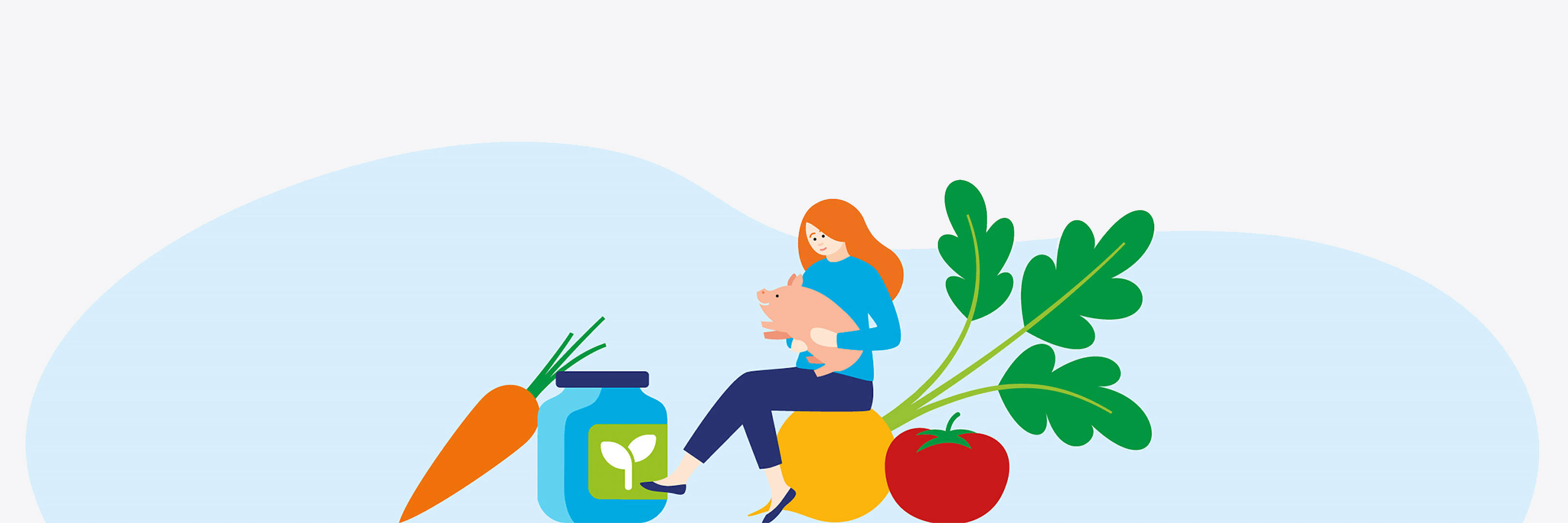 Grafik einer Frau, die auf großem Gemüse sitzt und ein Schwein im Arm hält.