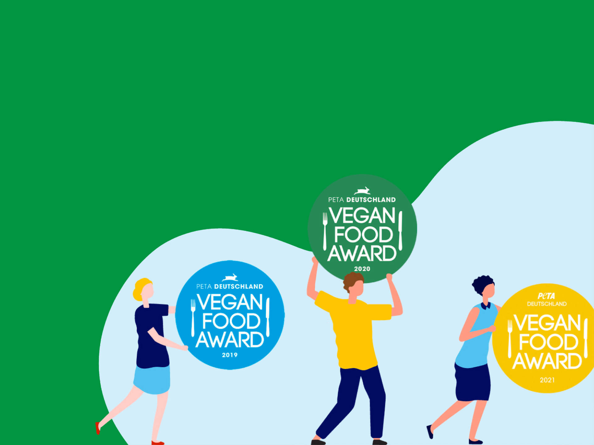 Eine Grafik von Personen die Vegan Food Awards der letzten 3 Jahre tragen.