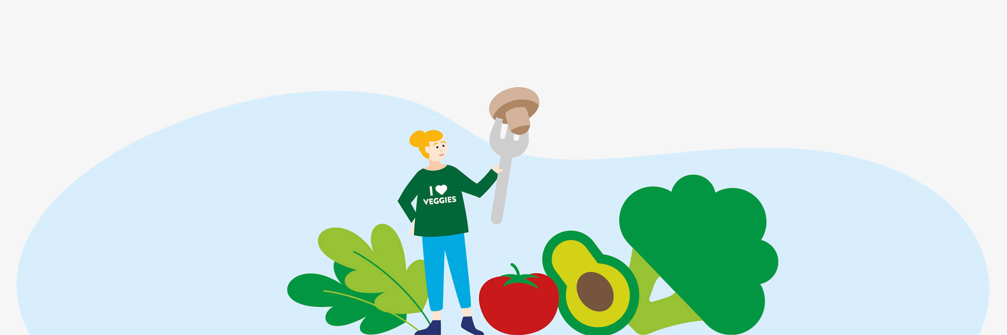 Eine Grafik einer Frau, die zwischen Gemüse steht.