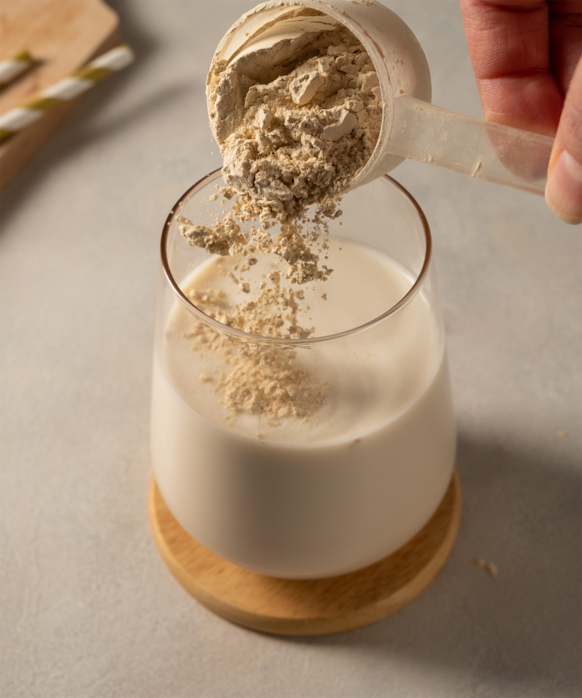 Eine Person gibt Proteinpulver aus einem Messlöffel in ein Glas Milch, um einen Proteinshake zuzubereiten.