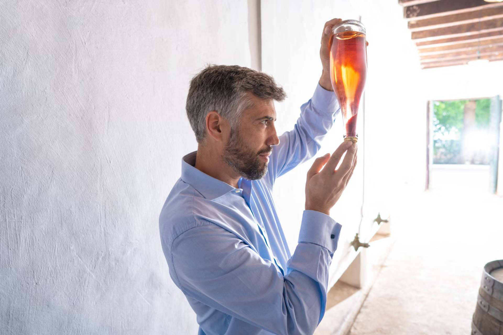 Ein Mann im blauen Hemd hält eine Flasche Wein gegen das Licht, um die Qualität und Farbe des Weins zu überprüfen.