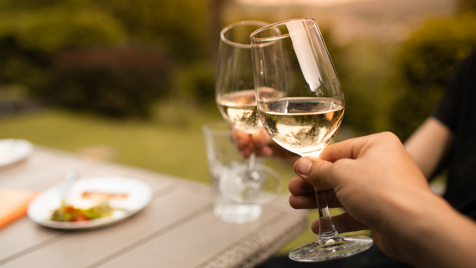 Zwei Hände stoßen mit Weißweingläsern im Freien an.