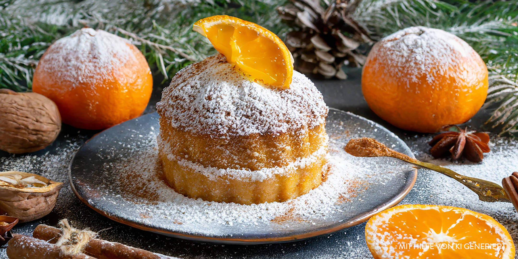 Winterliches Gebäck mit Puderzucker, Orange und Dekoration.