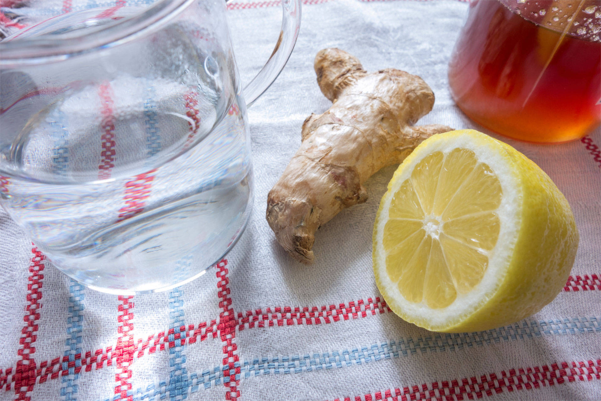 Glas Wasser, steht neben Ingwerknolle, einer halben Zitrone und einem Honigglas auf kariertem Küchentuch. 