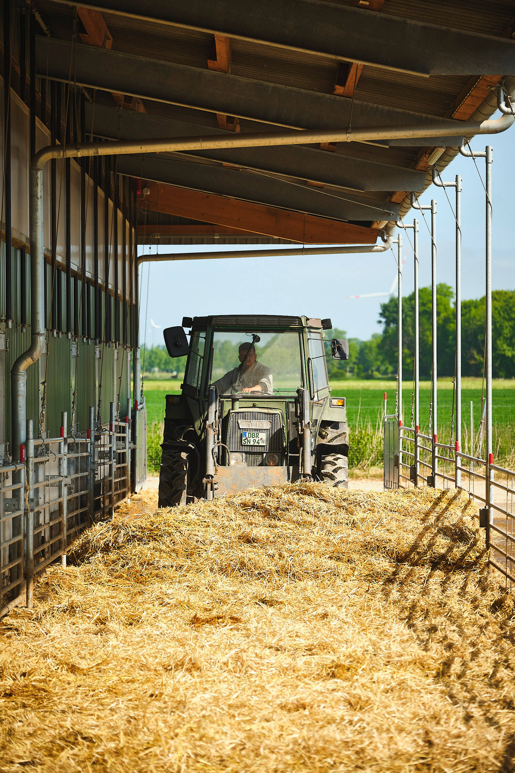 Traktor bringt frisches Heu in den Stall.