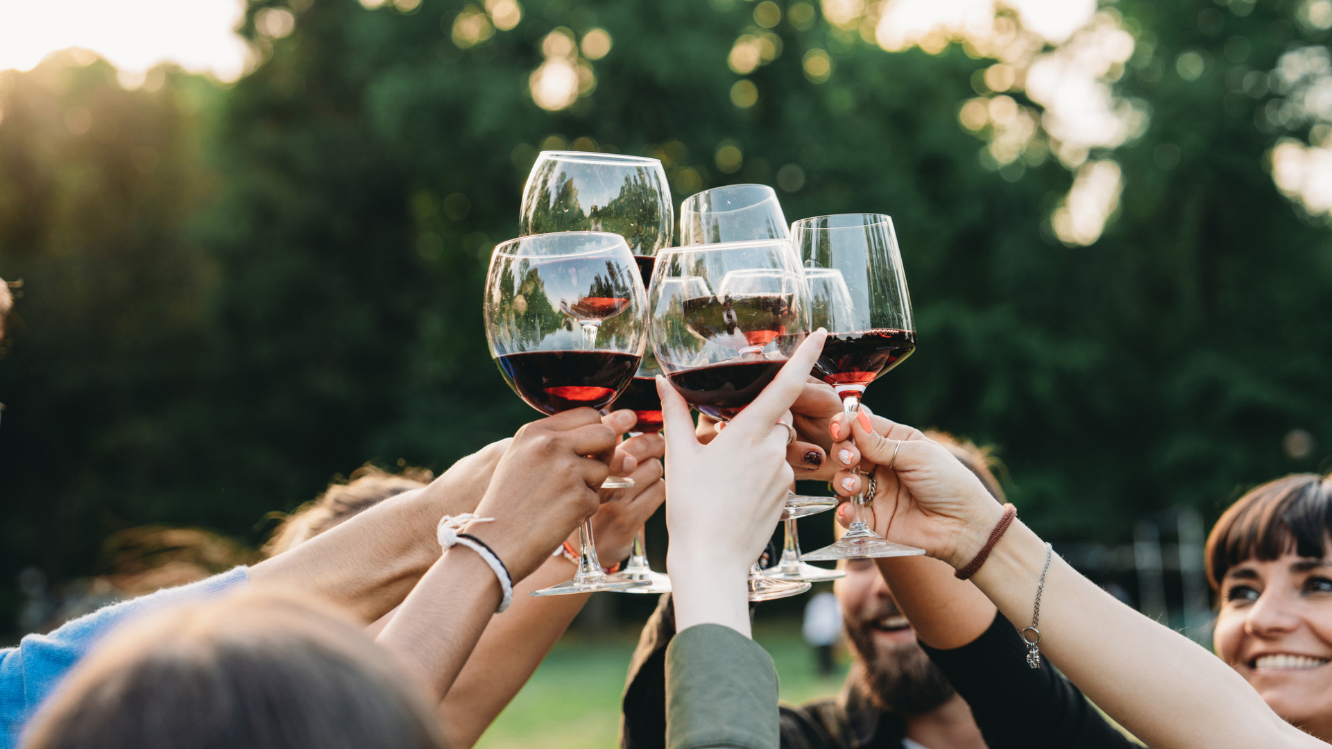 Gruppe stößt mit Rotweingläsern im Freien an.