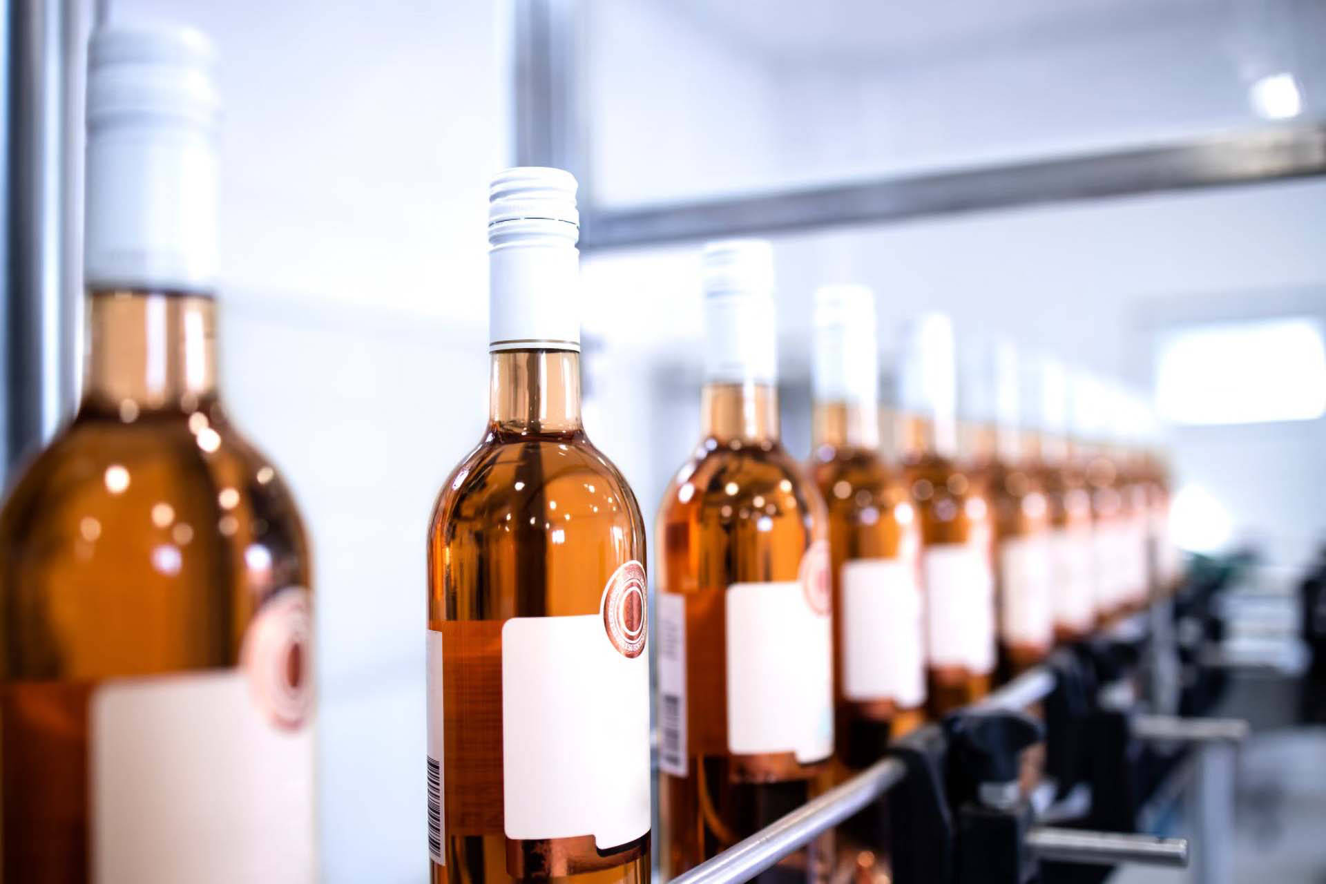 eihe von Flaschen mit Roséwein in der Fabrik, die nach der Abfüllung bereit stehen.