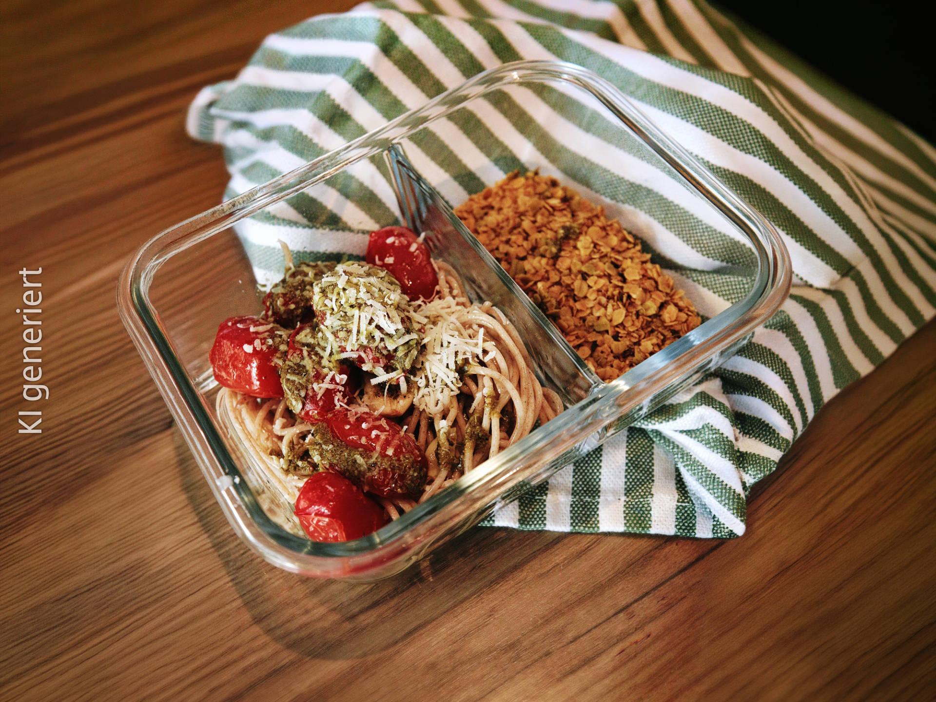 Serviervorschlag: Dinkel-Spaghetti mit Pesto und Haferflocken-Crunch
