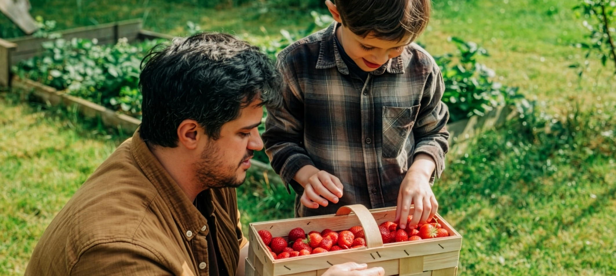 Erwachsener und Kind ernten auf einem Erdbeerfeld frische Erdbeeren.