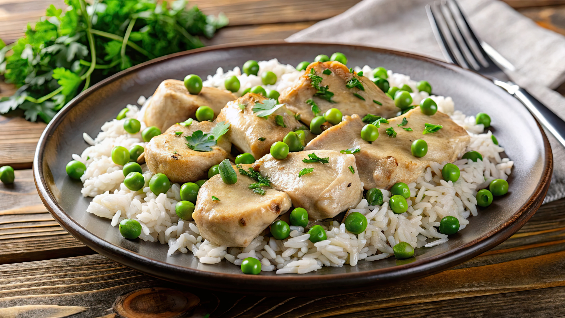 Teller mit Reis, Fleisch, Erbsen und Petersilie.